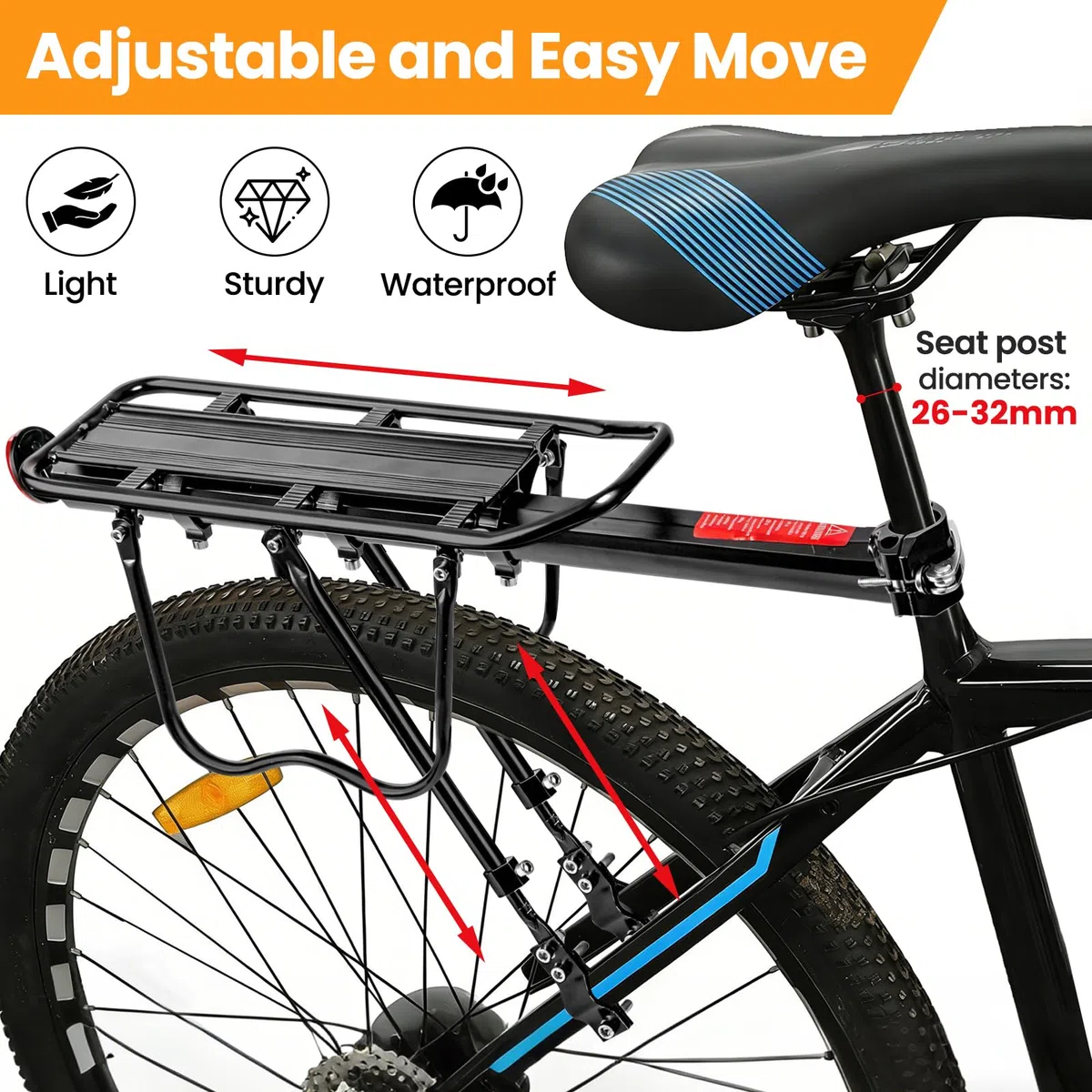 Porte-bagages pour vélo de montagne – 50 kg de charge – Porte-bagages universel réglable en alliage d'aluminium et verrouillage rapide pour vélos de 26 à 29 pouces avec réflecteur