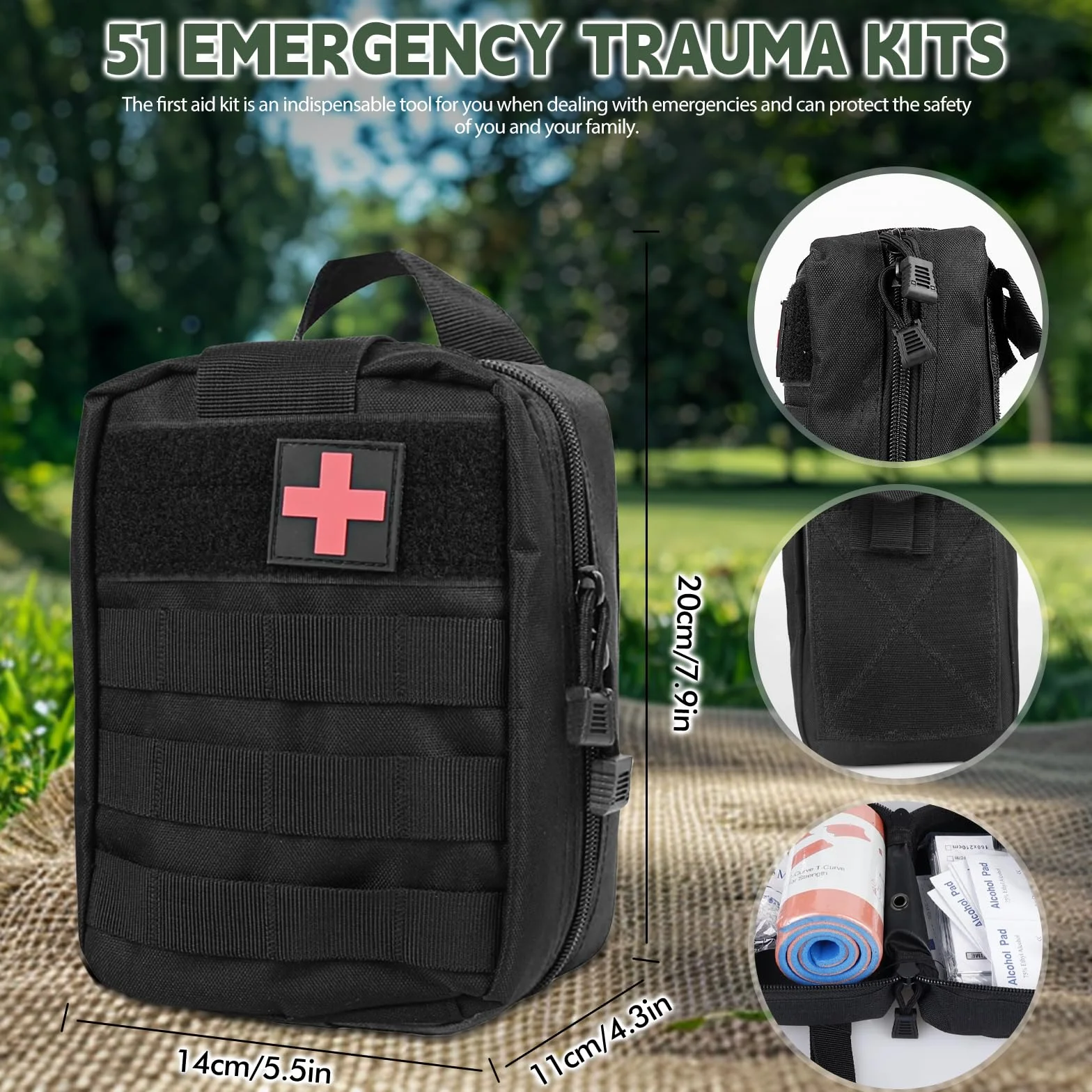 Kit de premiers secours en plein air, ensemble de 51 pièces pour traumatismes, sac tactique médical, kit de premiers secours militaire pour le camping, la voiture, l'aventure, la chasse, la randonnée