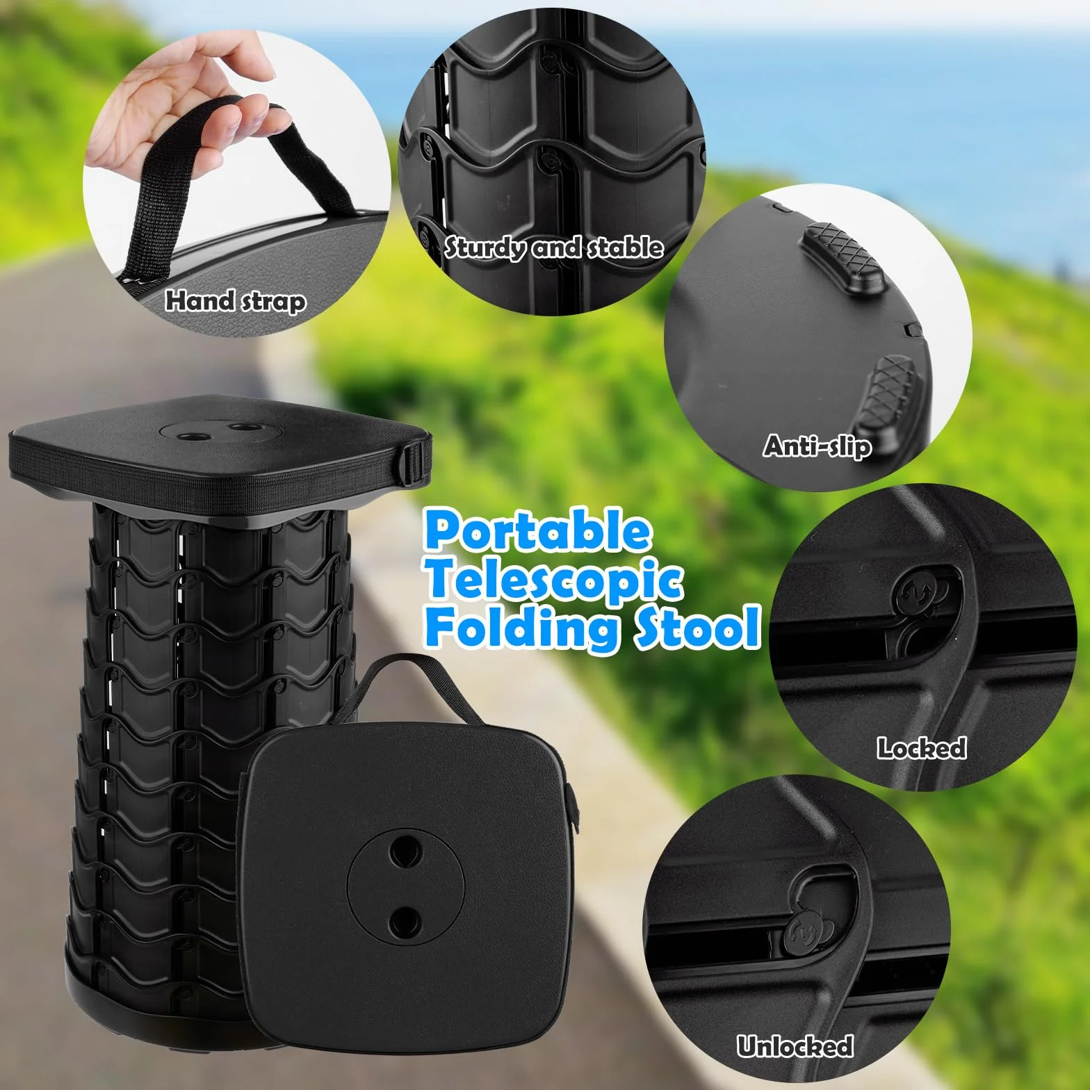 Tabouret Pliant Portable, Tabouret Telescopique Réglable en Hauteur, Rétractable pour Camping, Randonnée, Pêche, Voyage, BBQ, Jardin, Extérieur, Charge Max de 485LBS/220KG, Noir