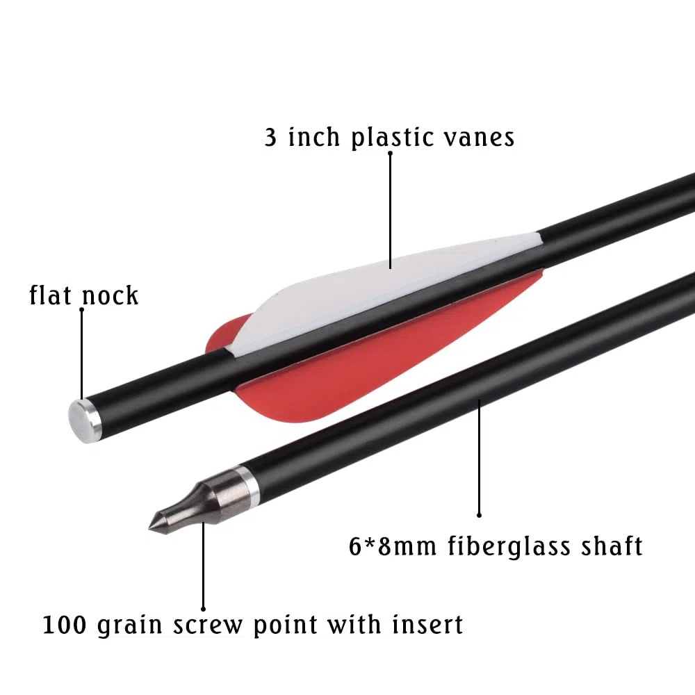 12 Pcs Flèches d'arbalète en Fibre de Verre 12" 14" 16" Flèche de Cible de tir à l'arc de Chasse avec 100 Grain Pointes de flèches Flat Nock