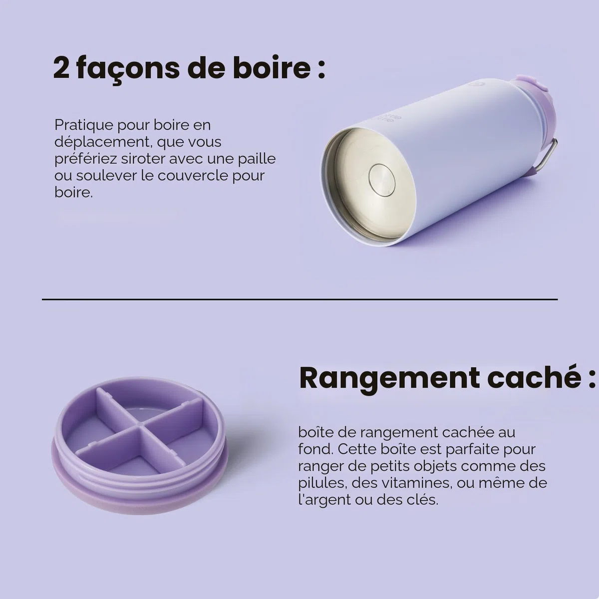 BOTTLE BOTTLE Gourde isotherme avec pilulier Bouteille isotherme de 900 ml Gourde sport en acier inoxydable pour l'extérieur, la randonnée (violet clair)