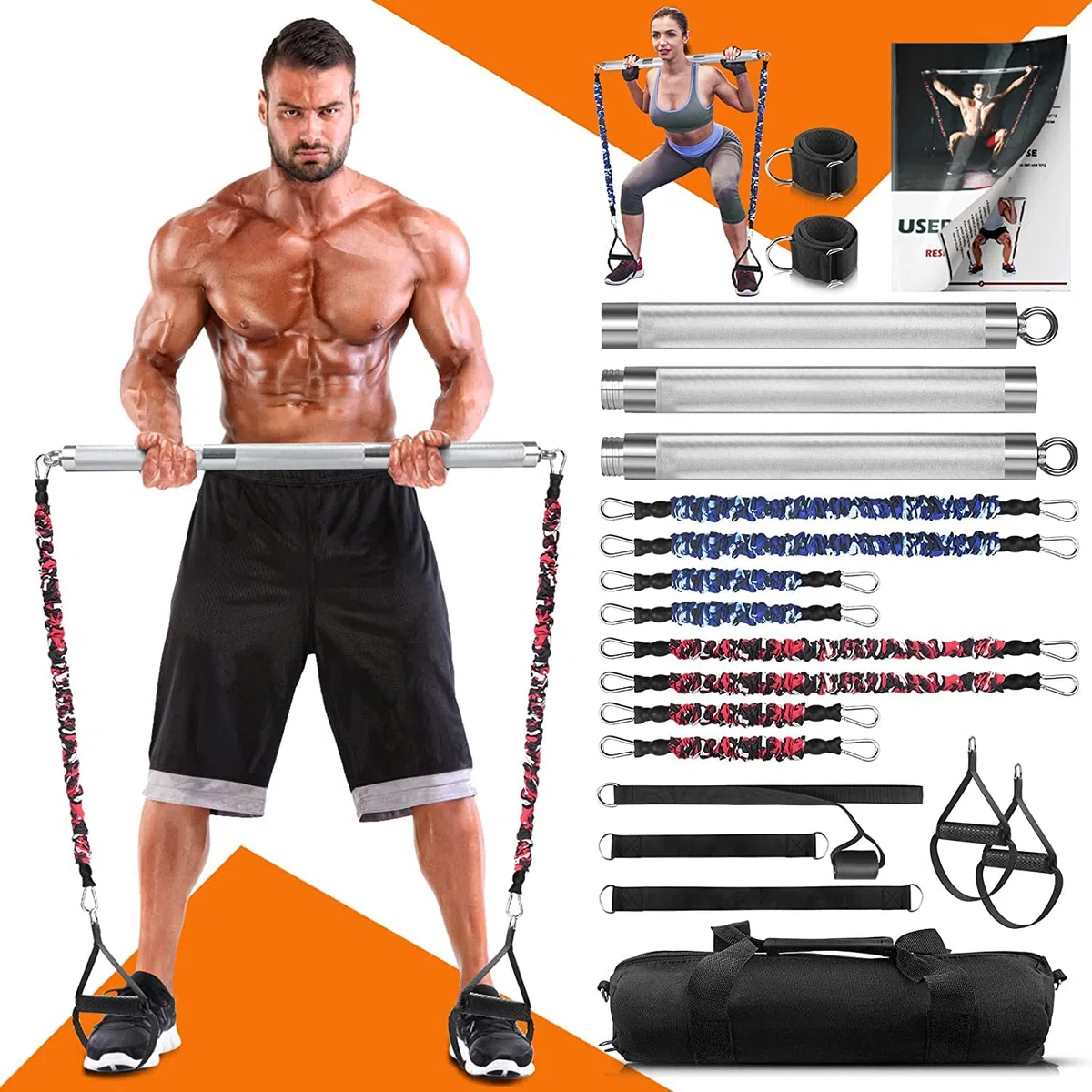 DASKING Appareil de fitness portable pour la maison avec 8 bandes de résistance empilables incassables, ensemble de barres de gymnastique pour la maison - Barre amovible 227 kg 2 en 1 avec rubans, appareil d'entraînement complet du corps.