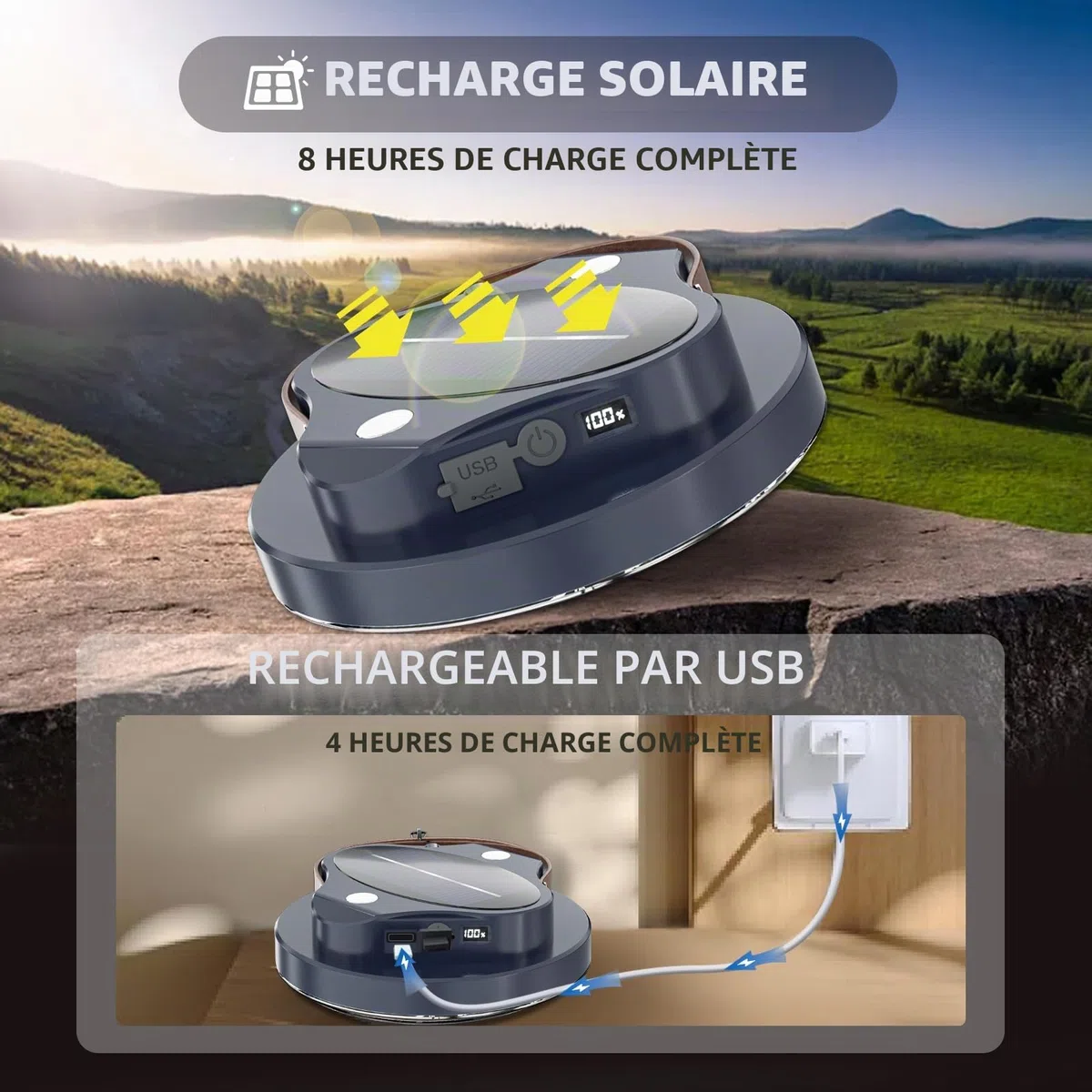 LETOUR Lampe de Camping Rechargeable, 4 Modes de Lumière Réglable Super Lumineuse, Portable avec Crochet Lampe Solaire Camping, Lanterne de Camping pour Extérieur et Urgence