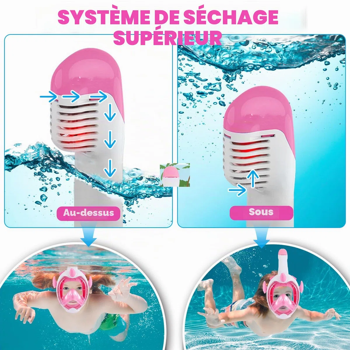Masque de Plongée Enfant, Masque Piscine Enfant, 180° HD Masque Tuba Intégral, Anti-Buée et Anti-Fuite Masque Plongée 3~12 Ans, avec Bouchons d'oreille et Sac de Rangement (XS,Rose)