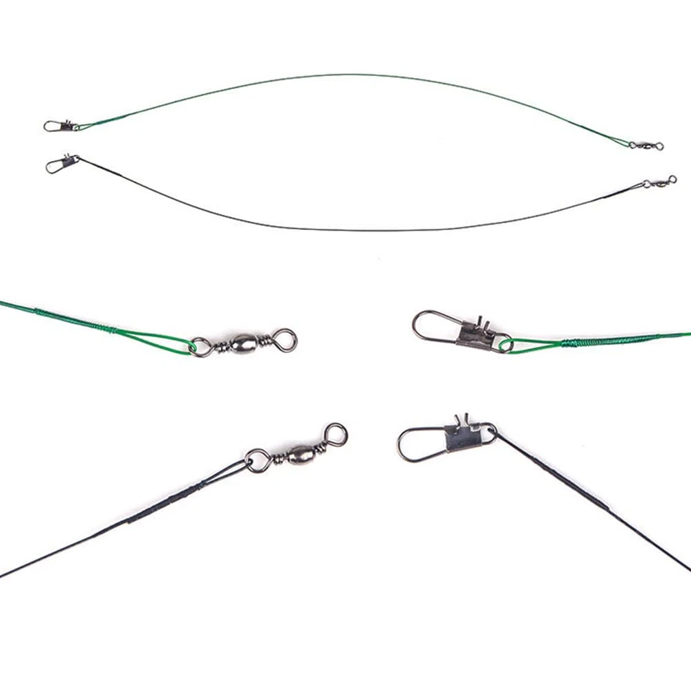 Lot de 50 câbles de pêche en acier de 13,6 kg avec émerillons et boutons-pression pour brochet caché Ligne principale pour empêcher les poissons de mordre le brochet Ligne principale cachée pour