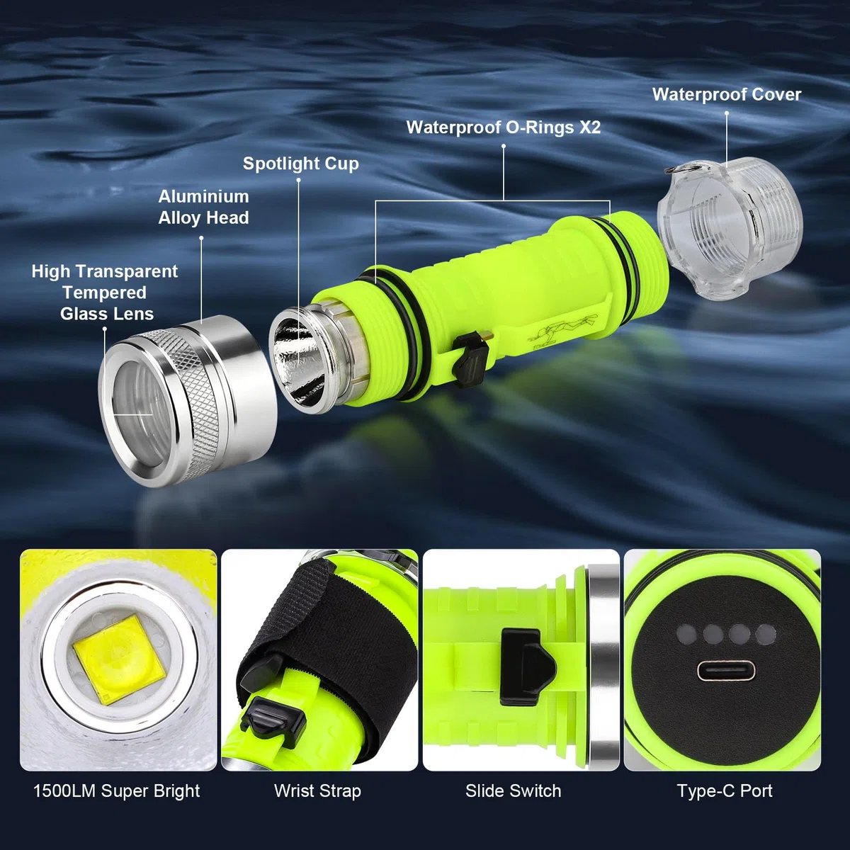 Lampe de plongée, 1500 Lumen Lampe de Poche LED Rechargeable, 3 Modes IPX8 Étanche, Lampe sous Marine 80 m sous l'eau avec lanière pour la Pêche de Nuit, Les Sports sous-Marins