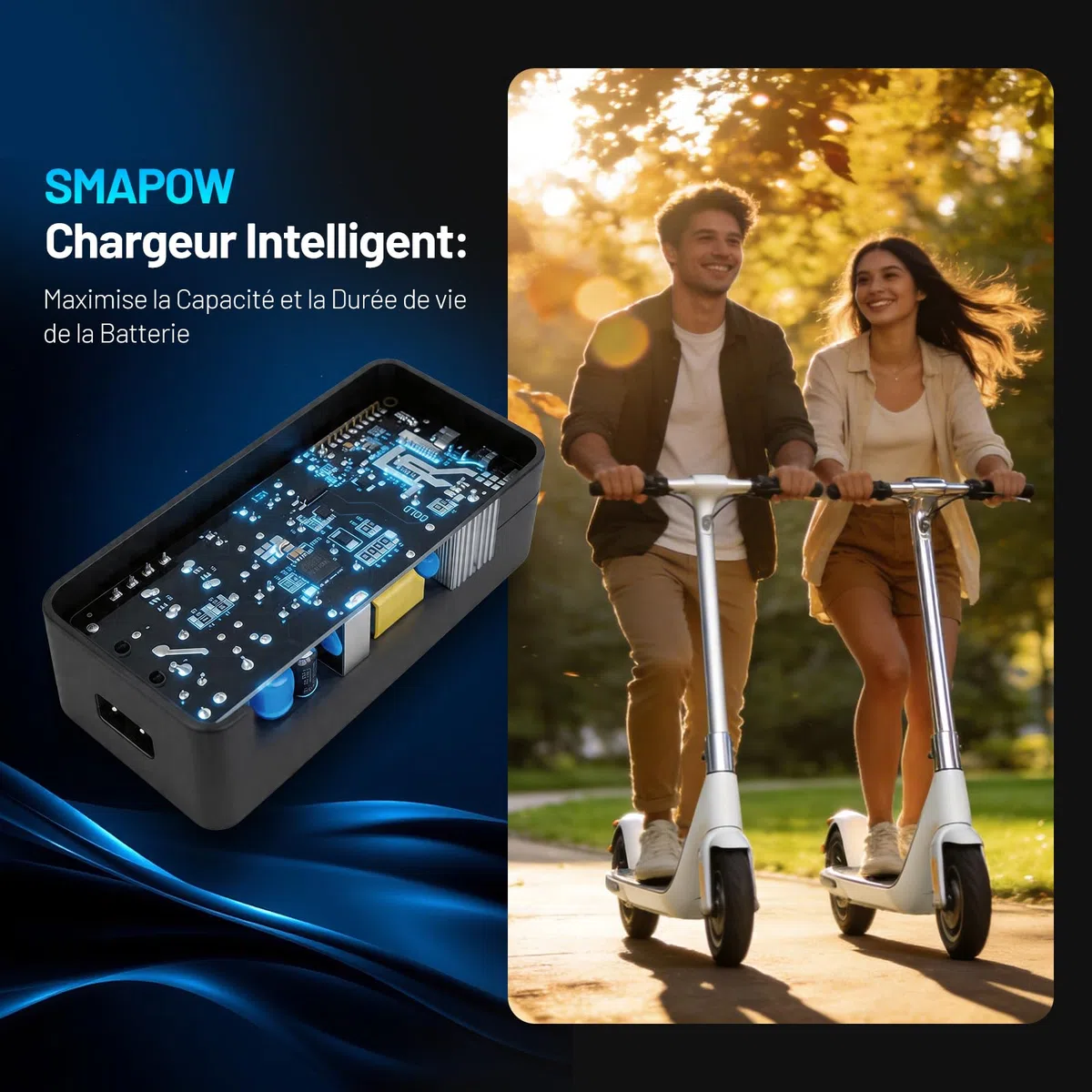 Chargeur Intelligent 42V pour Trottinette Électrique -2A, 5 Connecteurs | SMAPOW – Maximise capacité & cycles– Chargeur Compatible avec 99% des trottinettes 36V lithium : Xiaomi, Ninebot et plus