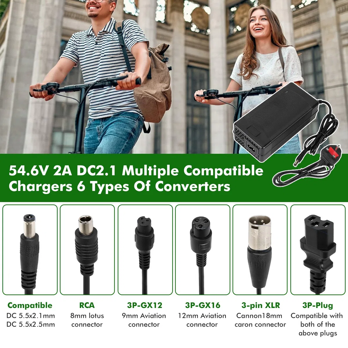 Chargeur Trotinette Electrique，54,6V 2A Chargeur Hoverboard, Chargeur Universel pour Batterie Lithium 48V avec 6 Connecteurs，Charge Rapide pour Hoverboard，E-Bike，Scooter électrique