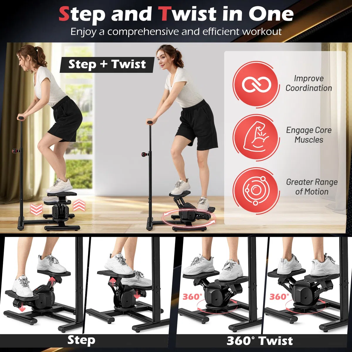 KOMFOTTEU Step Fitness CASA avec Guidon réglable en Hauteur, Entraîneur pour l'Entraînement Physique et Exercice, Pédales antidérapantes, Écran LCD, Appareil de Fitness pour Maison & Bureau, Noir