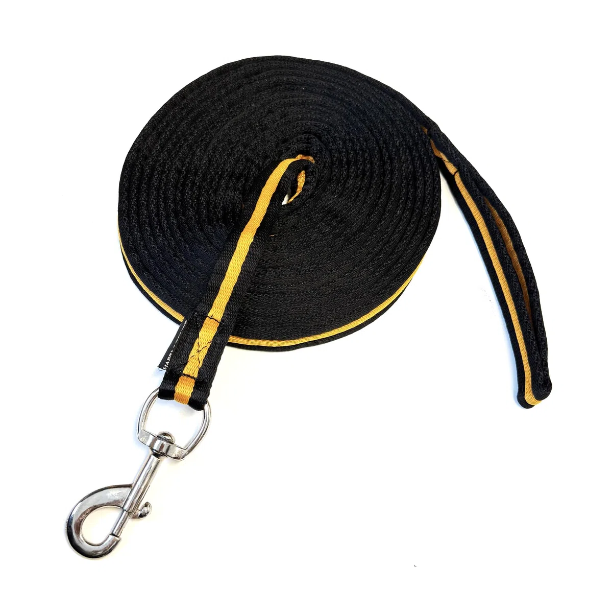 JA4012 Longe longe pour l'équitation – Extra souple 8 m en nylon avec dragonne et mousqueton antidérapant avec sac (noir/jaune)