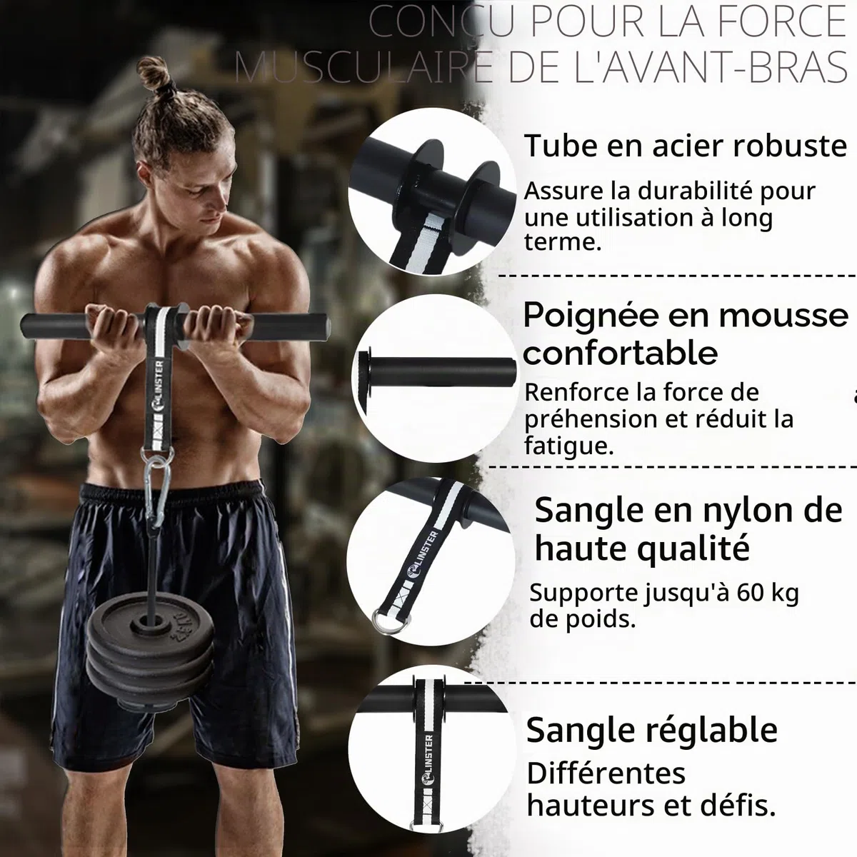 Appareil d'entraînement pour avant-bras et poignet Avec sangle en nylon extrêmement solide Pour l'entraînement musculaire à la maison, en salle de sport ou dehors