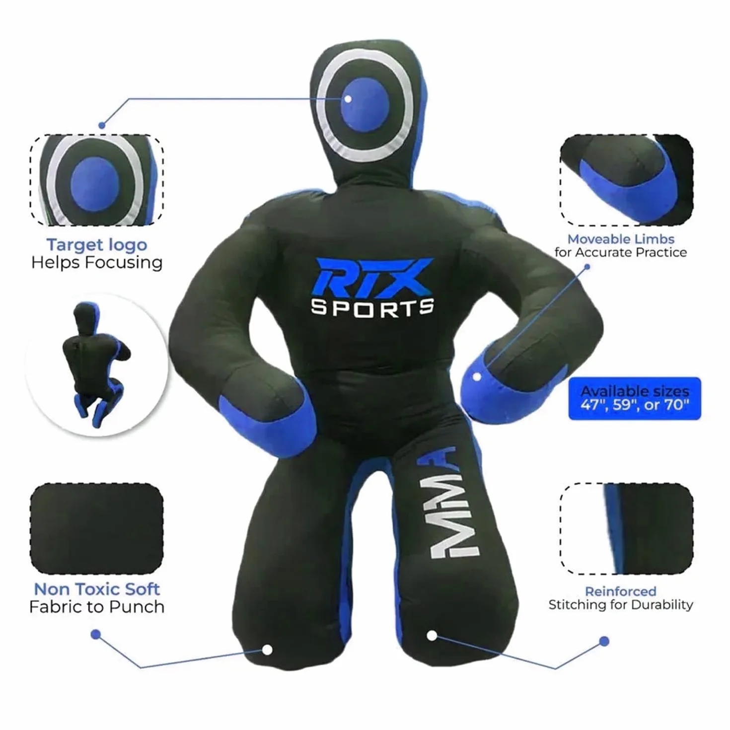RTX MMA Judo Grappling Dummy | Vide | Sac de frappe pour Jiu Jitsu brésilien | Lutte, arts martiaux, autodéfense, karaté, entraînement de submission | Position assise en toile factice