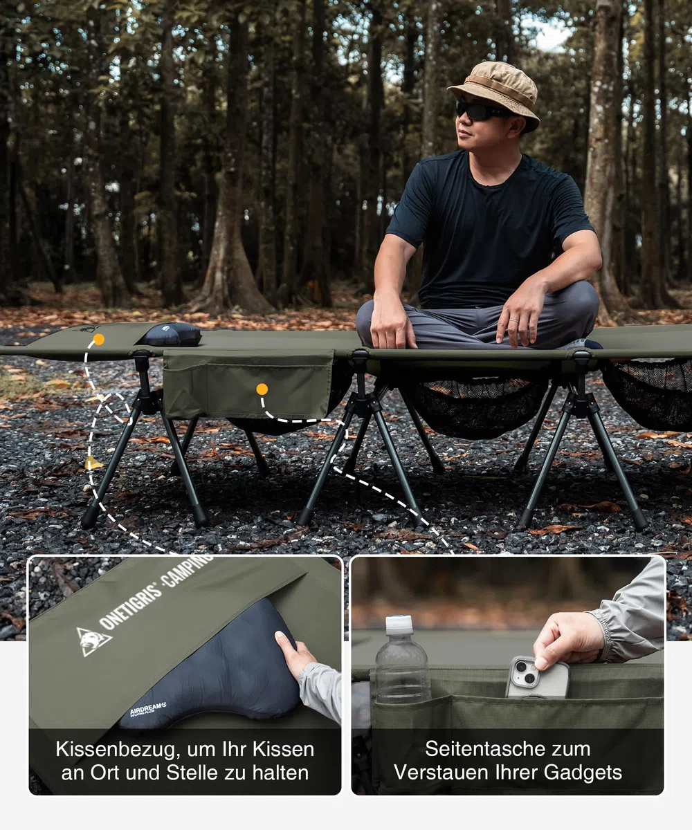 OneTigris SUPRATIROS Lit de camp pliable XXL portable et léger jusqu'à 180 kg pour tente, extérieur, voyage, jardin, bureau (220 x 80 cm)