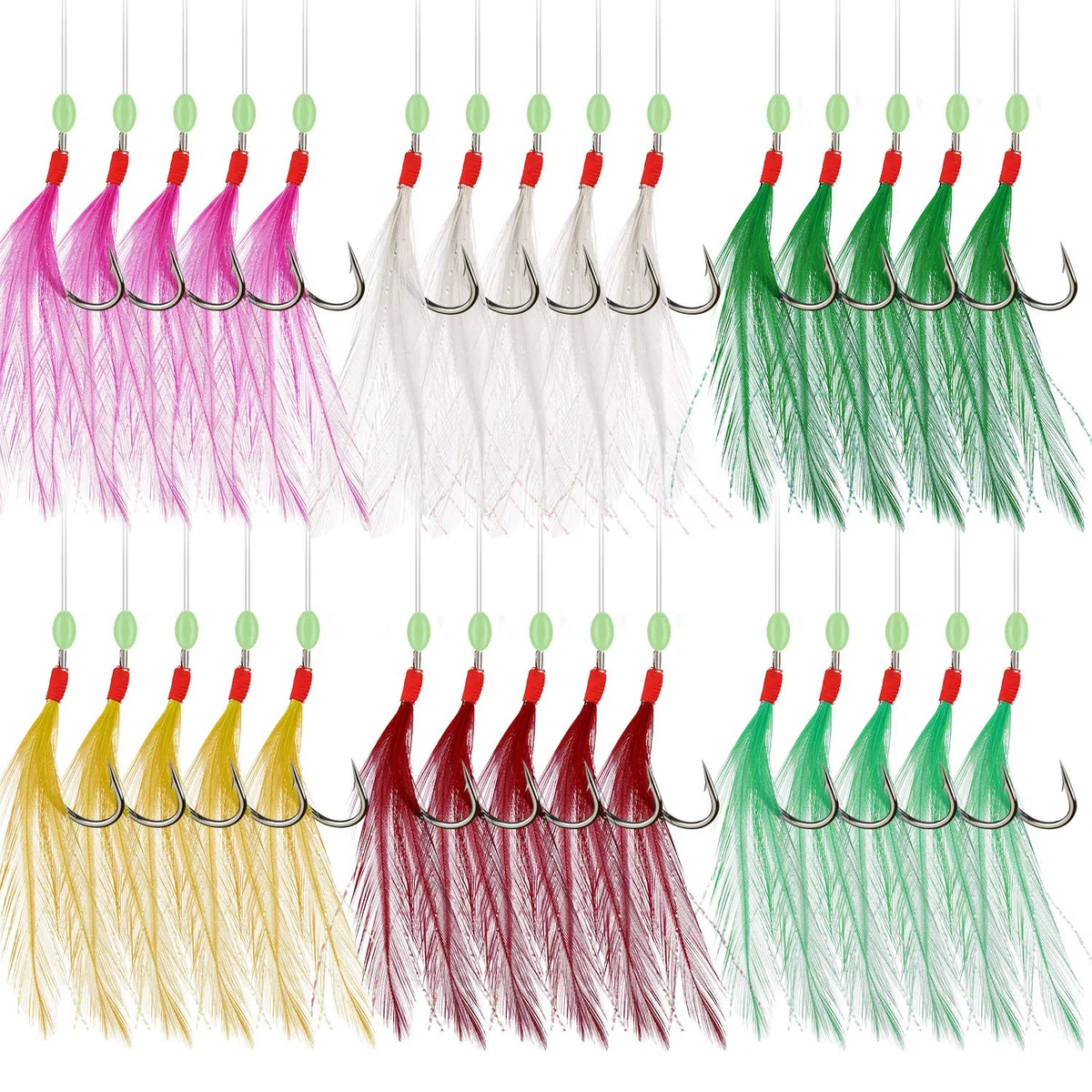 Rodeel Lot de 6 hameçons 5 hameçons de pêche en plumes, A. 6 PCS, 6 Colors, 5 Hooks