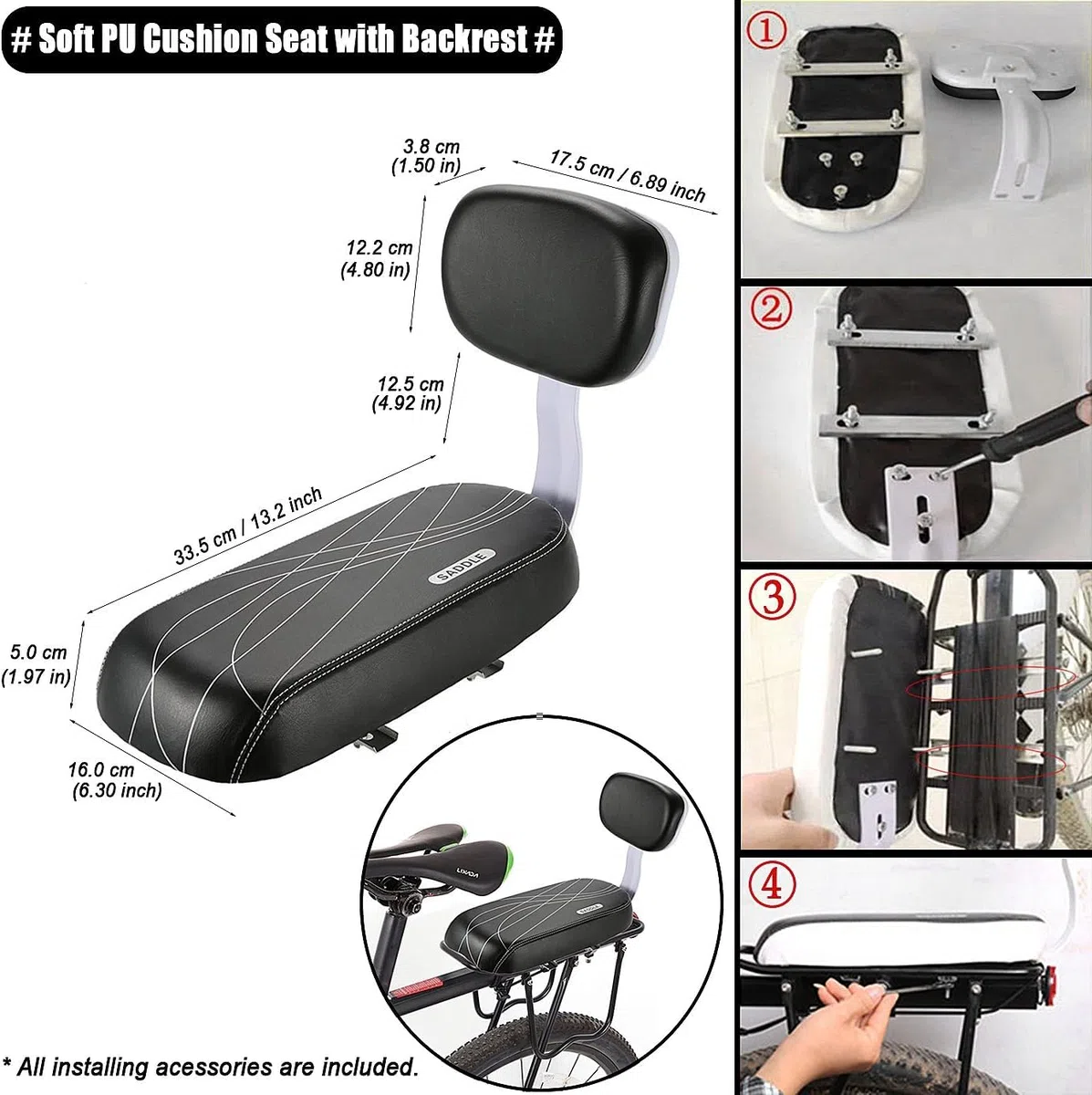 Siège arrière Accessoires de vélo,Siège de vélo Universel pour,Vélo Pièces Accessoires Sièges,Dossier en éponge Douce
