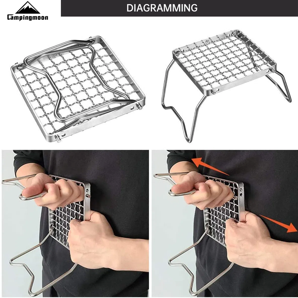 Campingmoon Grille portable pour feu de camp en acier inoxydable 304 pliable avec pieds et sac de transport