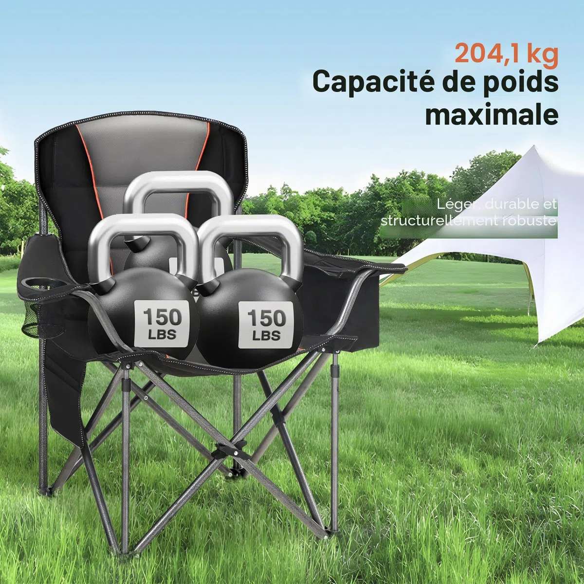 HIGH POINT SPORTS Chaise Pliante Camping 200KG, Chaise de Camping Pliable Portable Surdimensionnée Chaise Pliante Exterieur et Interieur Fauteuil Camping Chaise de Peche Noir