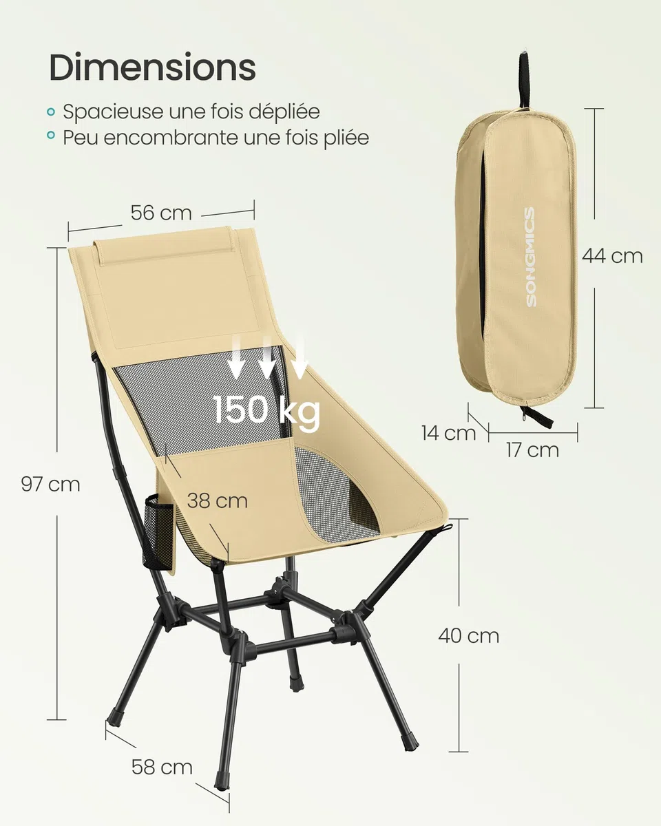 SONGMICS Chaise de Camping Dossier Haut, Chaise de Plage Pliante Hauteur Réglable, Structure en Acier, Supporte 150 kg, 2 Poches de Rangement, Appuie-Tête, pour Voyages, Marron GCB051KZ01