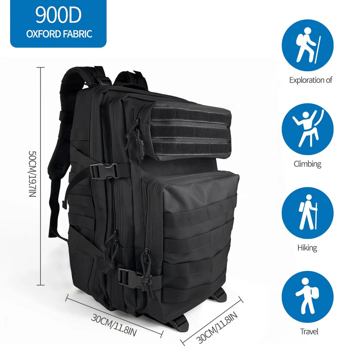 Sac à Dos Militaire de Grand Volume, 45L, Molle Etanche Grand Pack d'assaut, Sac Tactique Homme et Femme, Sac à Dos Résistant, pour Trekking, Randonnée, Pêche, Alpinisme, Noir