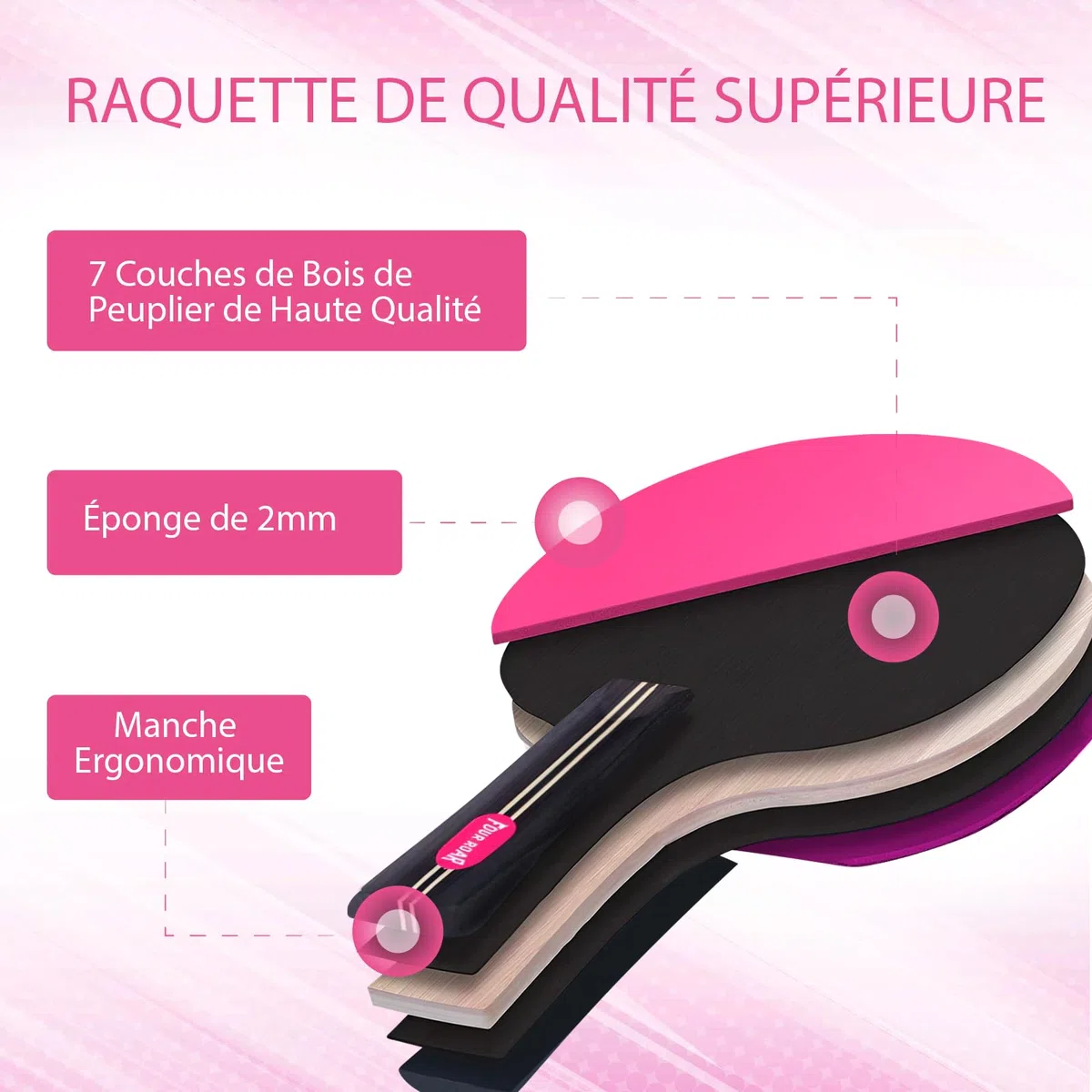Raquette de ping pong rose avec 7 couches