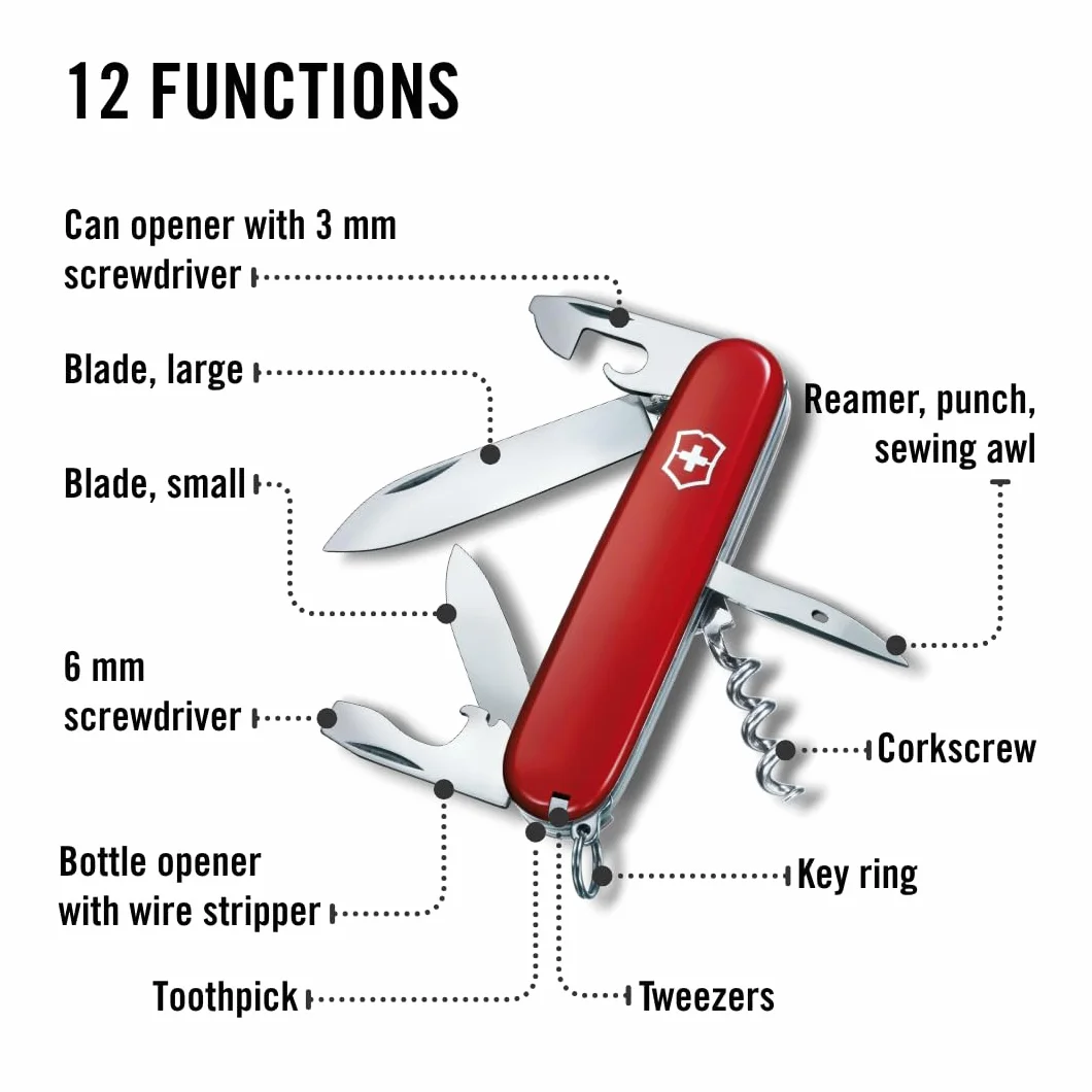 Victorinox Spartan Couteau de Poche Suisse, Léger, Multitool, 12 Fonctions, Lame, Ouvre Boite, Tire Bouchon, Rouge