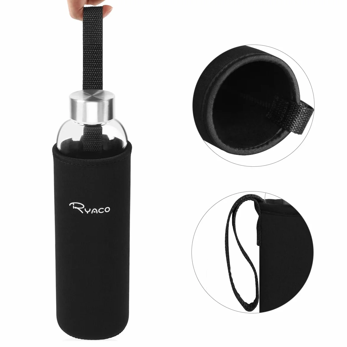 Ryaco Bouteille d'eau en verre de 1000ml/33oz sans BPA– Bouteille en borosilicate anti-fuite–Idéale pour maison, les voyages, le sport, le yoga, la gym, les boissons chaudes et froides avec