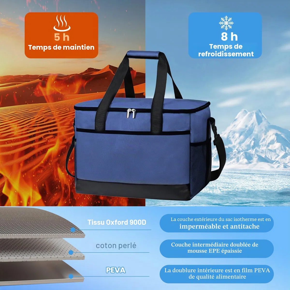 Grand sac isotherme pliable pour l'extérieur - 35 l - 60 Can - Sac isotherme pour boissons et boissons - Pour excursions, pique-niques, camping, randonnée, plage, voyages