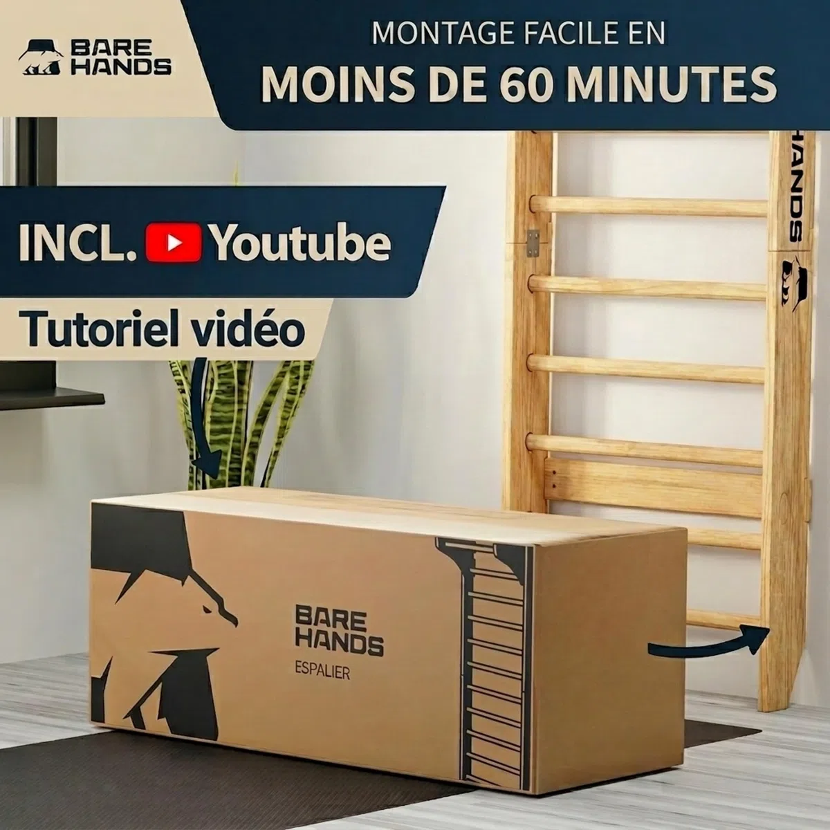 Bare Hands Espalier en Bois pour Adulte et Enfant – Échelle Suédoise Ultra Robuste Jusqu’à 200 kg – Espalier Gym & Musculation pour la Maison – avec ou sans Barre de Traction et Barres à Dips