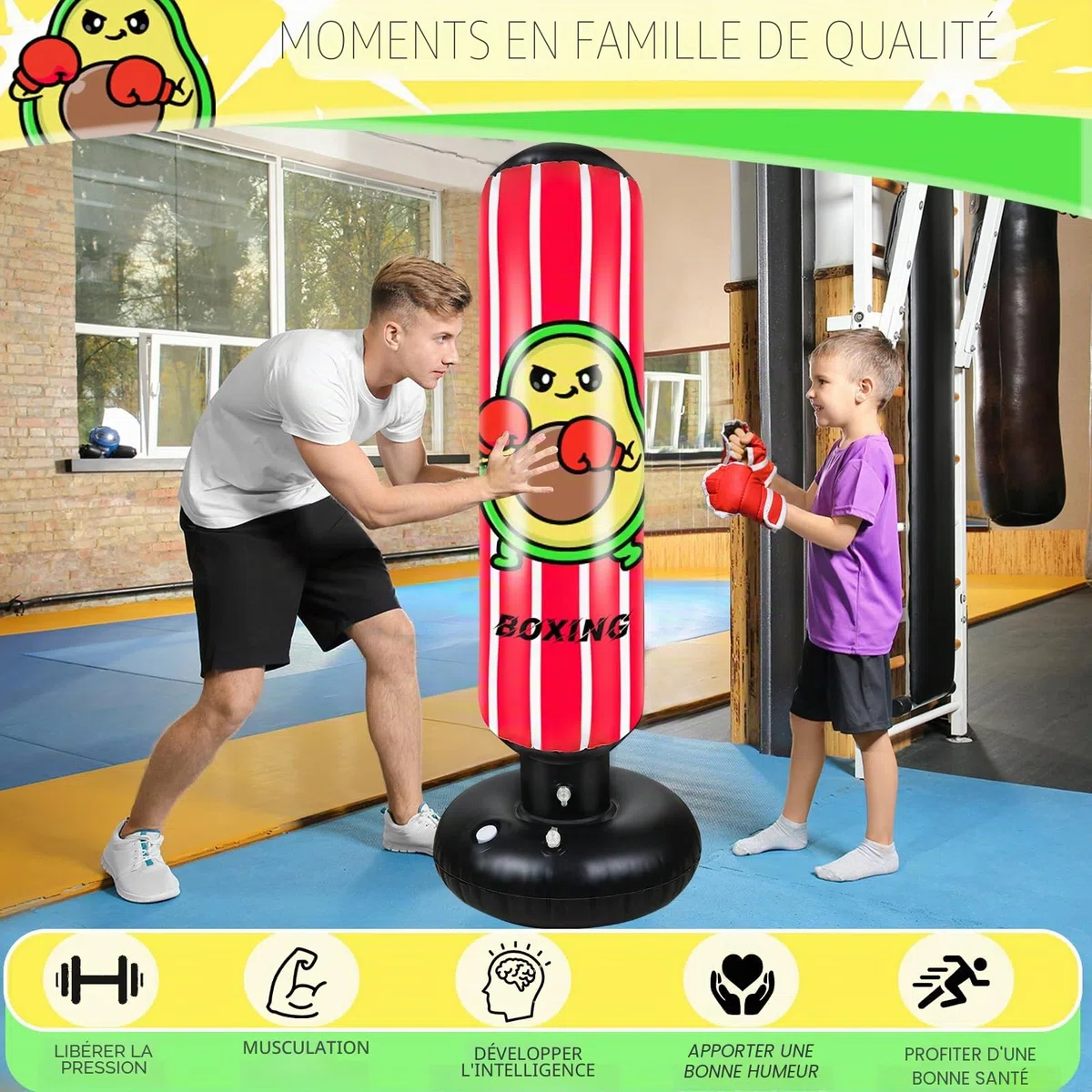 Sac de Frappe Enfant, 165cm Punching Ball Enfants, Sac de Boxe Gonflable avec Gants de Boxe, Cadeau pour Garçons et Filles de 3 à 12 Ans pour Karaté, Taekwondo, MMA