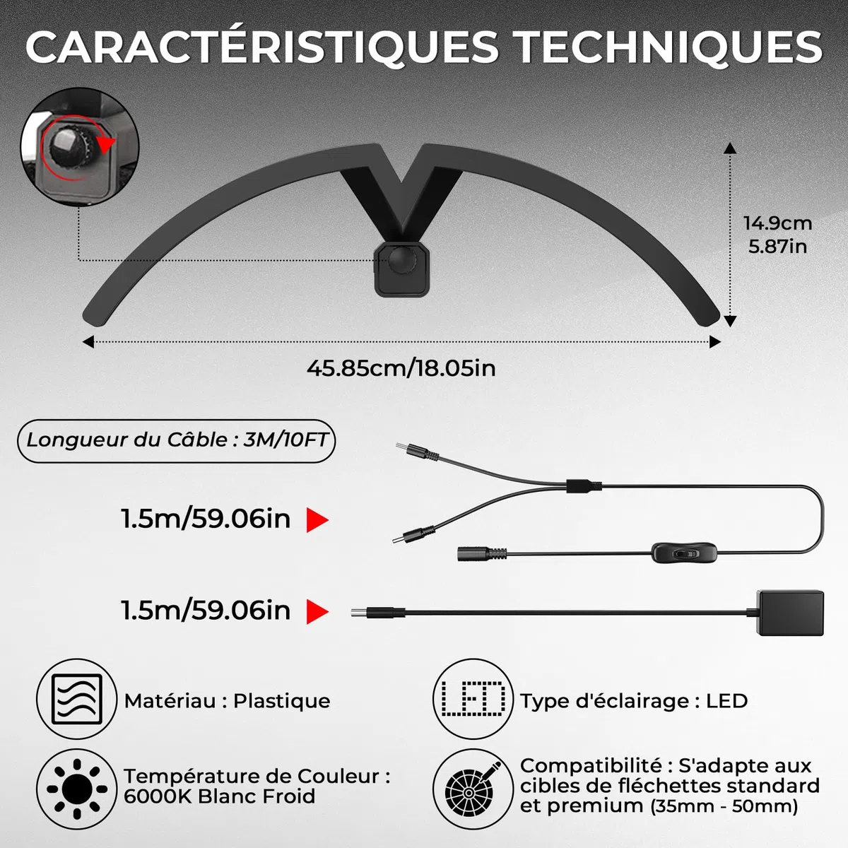 Éclairage Fléchettes, LED Lampe pour Cible de Fléchettes 6000K, Installation Facile pour Toutes Cibles Standard