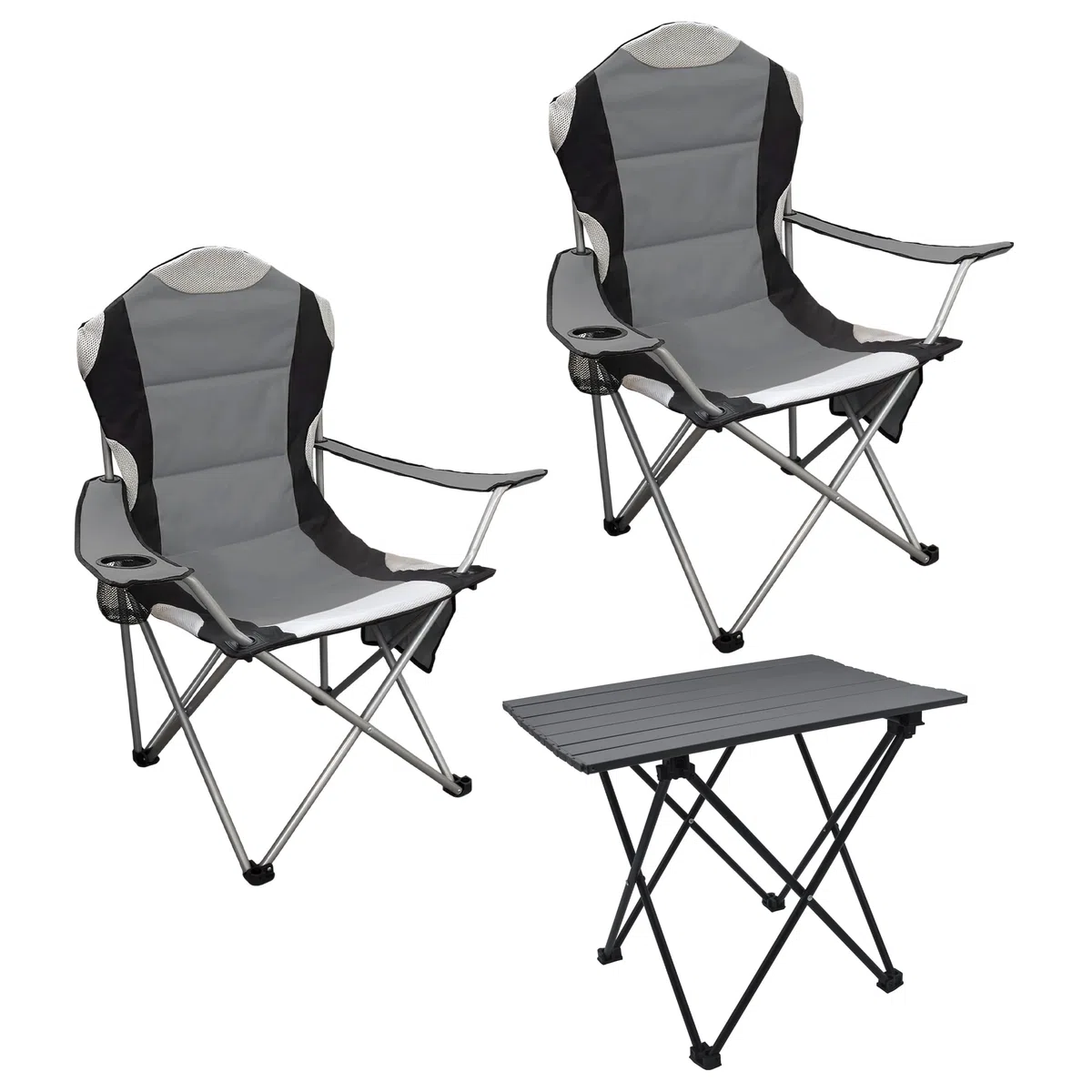 Spetebo Salon de camping 3 pièces avec table pliante en aluminium et sac de transport - Anthracite - Ensemble de table de jardin avec 2 chaises de camping jusqu'à 150 kg - Chaise de pêche d'extérieur