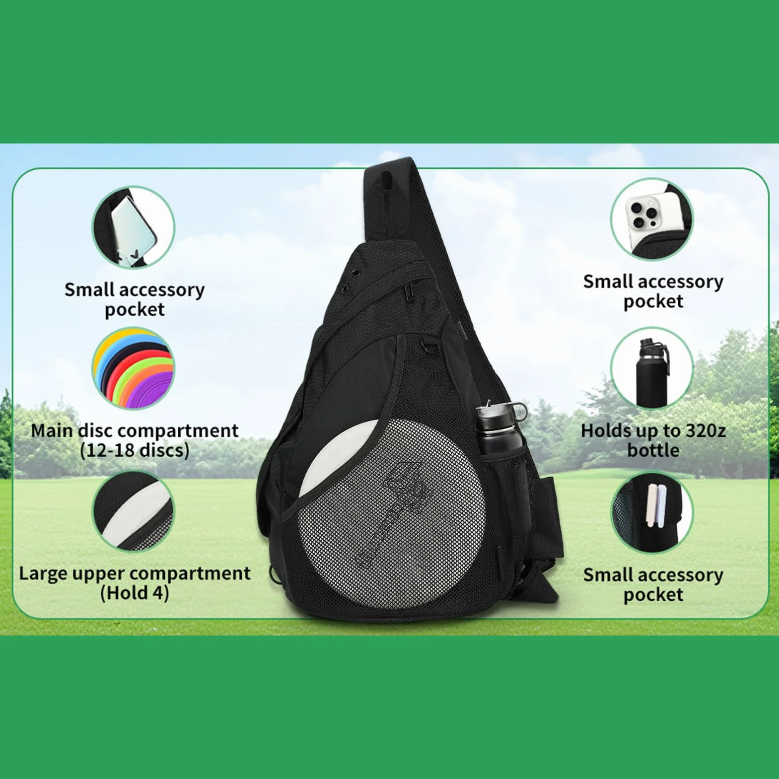 Petit sac de golf à disque, grand sac à dos à bandoulière réglable, séparateurs multi-poches pour le sport, le tennis, le fitness, le camping, la randonnée, 43 x 37,5 x 17 cm