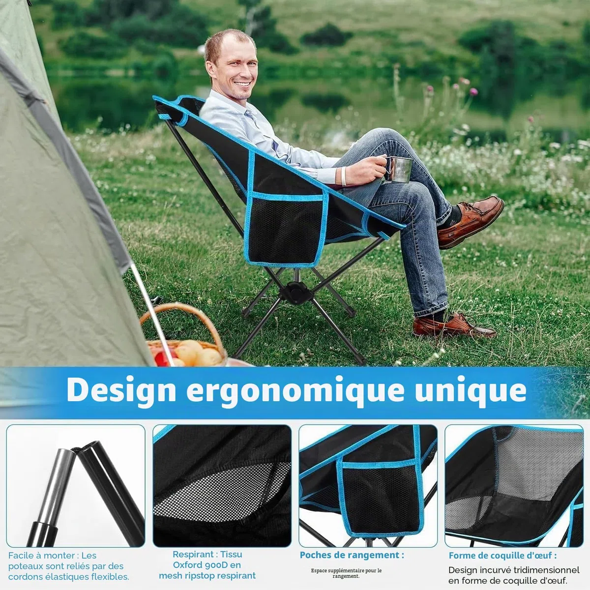 Chaise de Camping Pliable, Chaise Pliante Portable Légère avec Sac de Transport, Charge Maximale 120kg, Ultra Légère Chaise de Plage Pliable pour Les Voyages, Randonnée, Camping, Pique-Nique