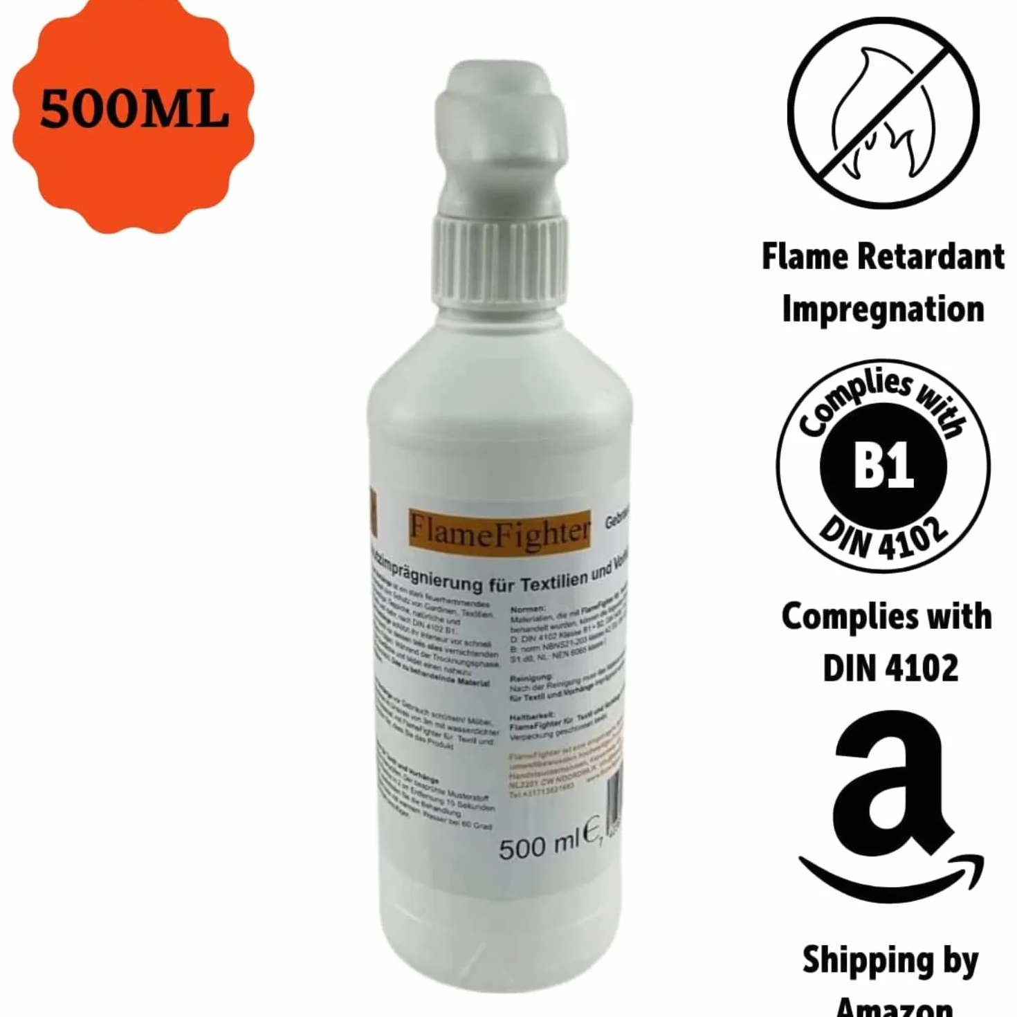 FlameFighter - 500ml Imprégnation Ignifuge pour Textiles et Rideaux – Produit de Protection contre l’Incendie – Test de Propagation du Feu Réussi – Classe de Protection Incendie 1 – DIN 4102 B1