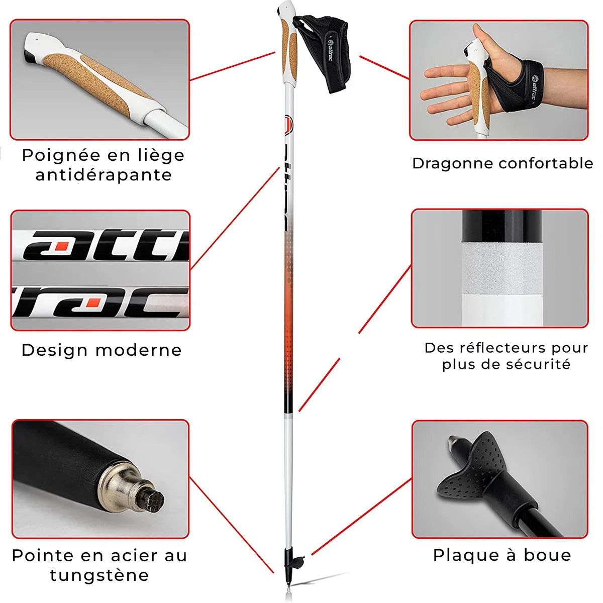 ATTRAC Bâtons de marche nordique en aluminium avec entraînement et sangles de poignet I Bâtons de marche avec système Click & Go I Gratuit – Application de marche nordique / fitness