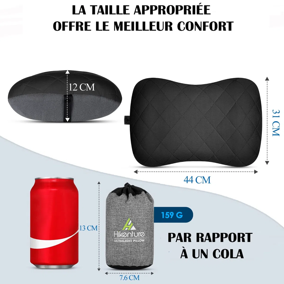 HIKENTURE Oreiller Gonflable Camping et Voyage avec Taie Amovible - Ultraléger, Compact et Confortable - Coussin Gonflable Ergonomique pour Extérieur, Camping, Trekking ou Randonnée - Noir