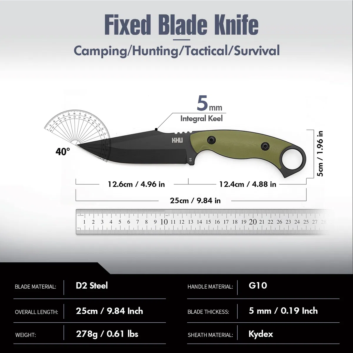 KHU Couteau à lame fixe Outdoor Couteau - Acier D2 G10 poignée, Camping Accessoires - Avec étui Kydex - 17A