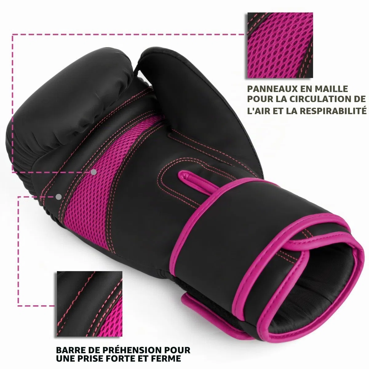 Islero EVO Fitness Gants de boxe noirs mats pour homme et femme Sac de frappe Rose MMA Muay Thai Arts martiaux Kick Boxing Sparring Gants d'entraînement de combat avec bandages