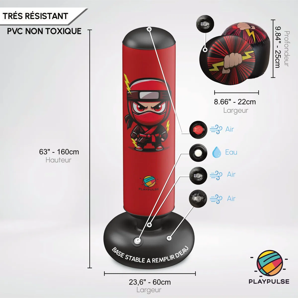 Sac de Frappe Enfant 160CM - Punching Ball Enfants + Pompe Électrique + Gants de Boxe Gonflables - 3 à 12 Ans - Jeu Exterieur Enfant et intérieur - Sac de Frappe sur Pied - Sac de Boxe