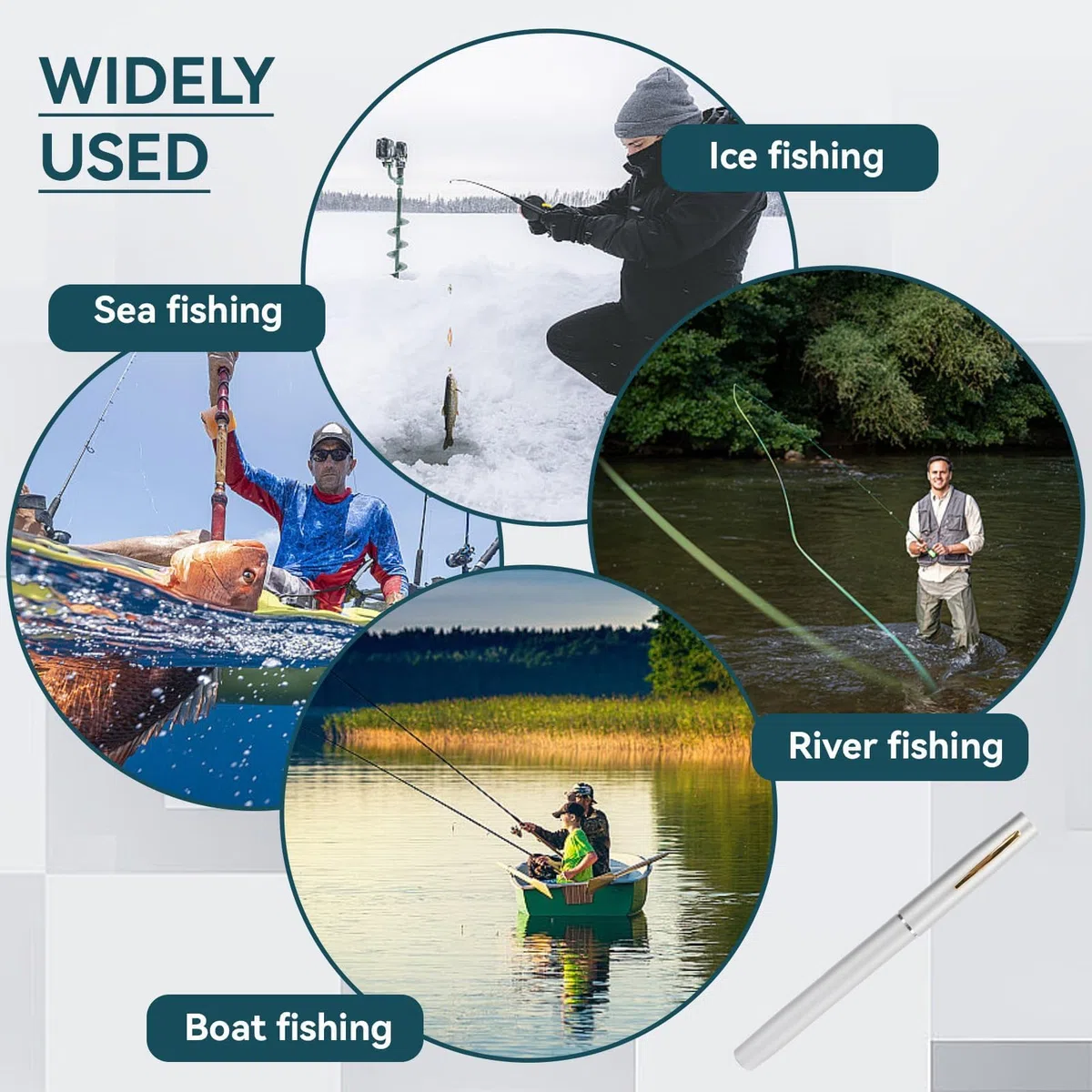 Canne à Pêche et Moulinet en Forme de Stylo, Pêche en Eau Douce et Salée, Mini Canne à Pêche Rétractable de Poche avec Moulinet pour Eau Douce et Salée (Argent)