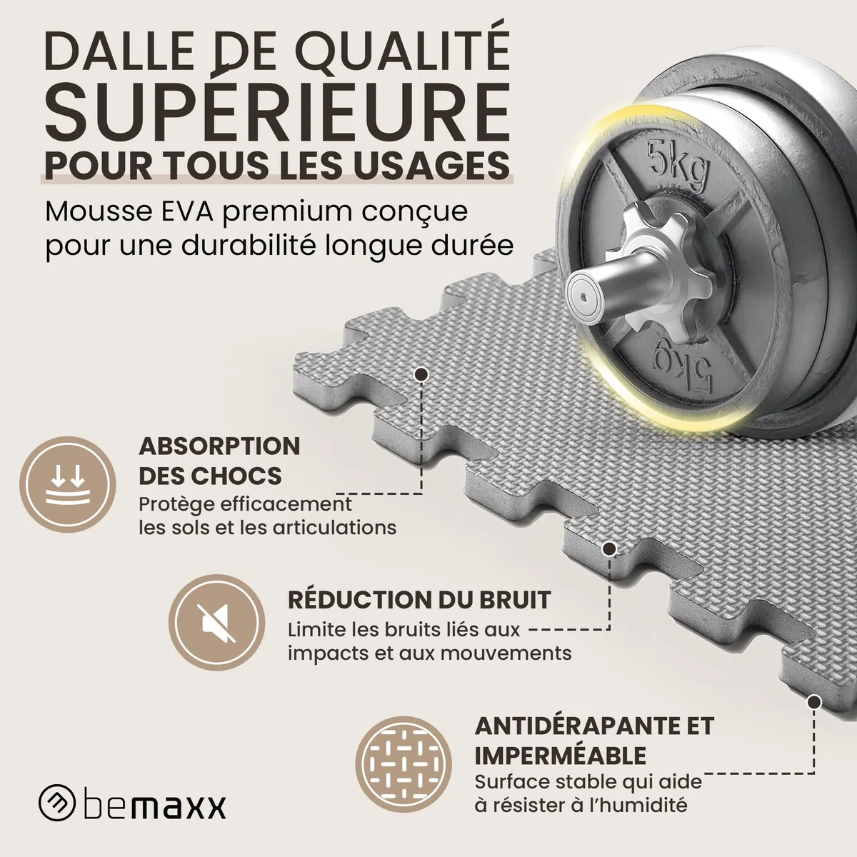 Tapis de Fitness Protection de Sol Salle de Sport - Dalles en Mousse sans BPA + Bordures | Matelas Puzzle Tatami EVA Caoutchouc pour Matériel Gym Banc de Musculation Course Garage Piscine Isolation