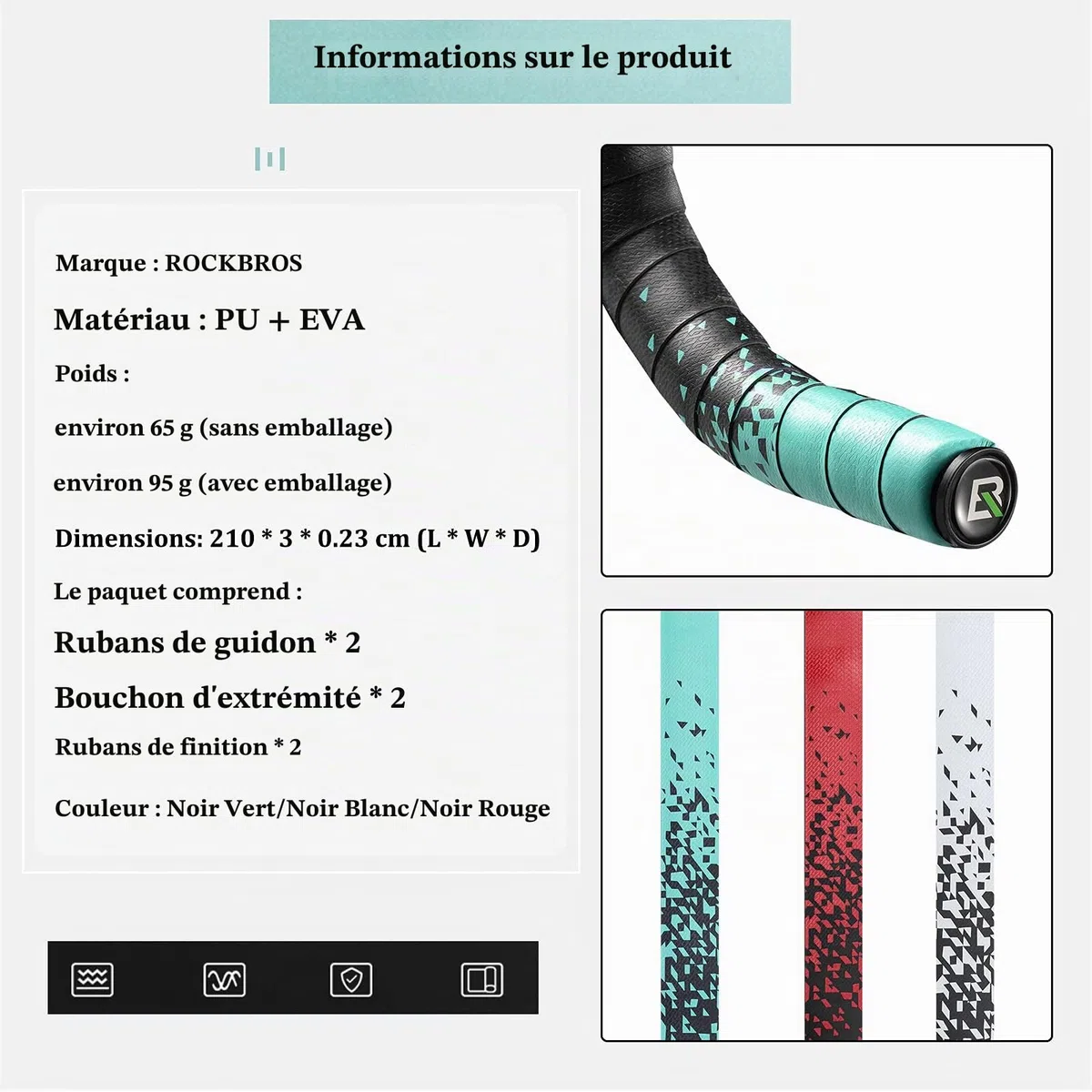 ROCKBROS Ruban pour Guidon, Guidoline de Vélo de Route, Poignées Antidérapant Anti-Choc en EVA Noir, Bande Adhésive avec 2 Bouchons, Blanc