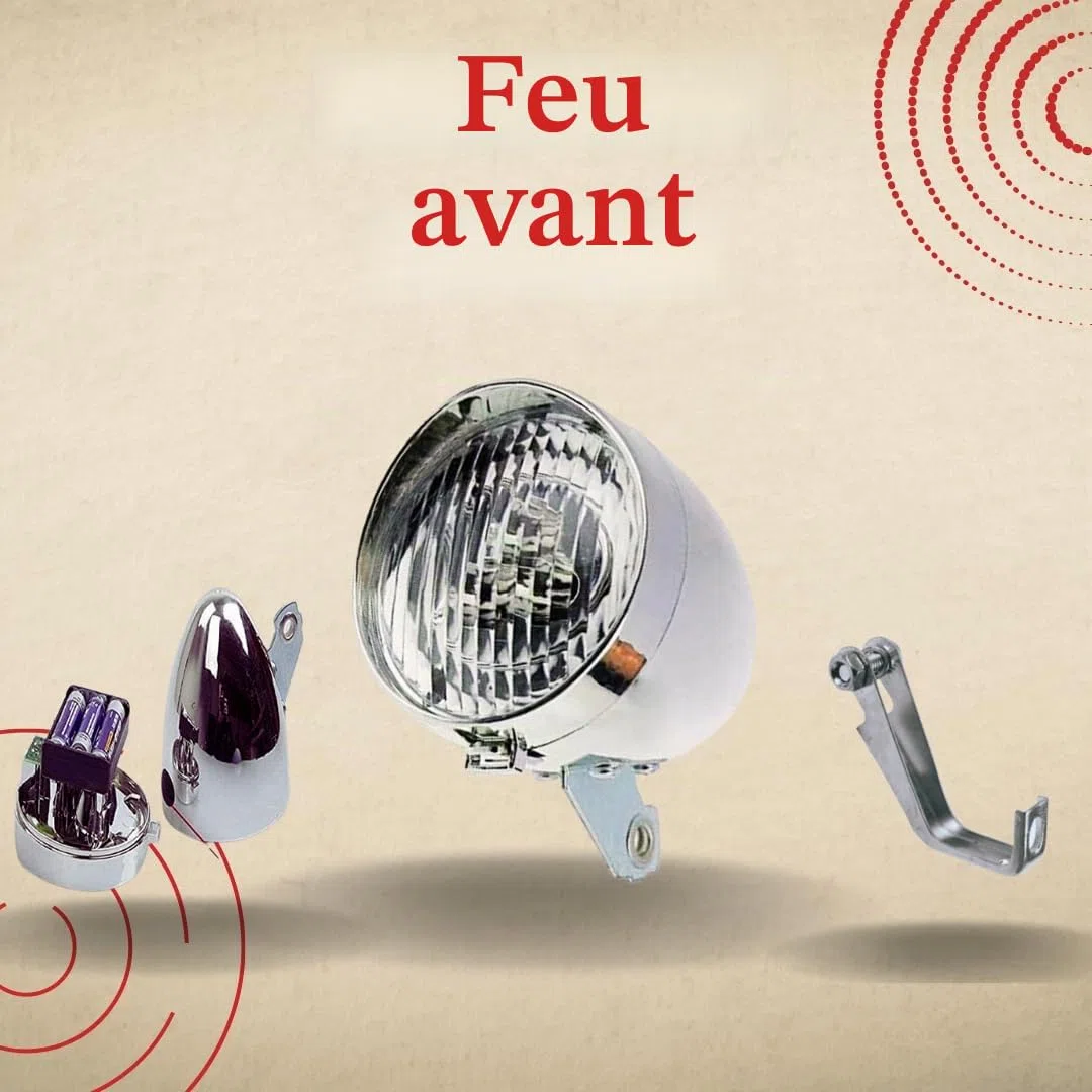 Kit feux avant et arrière vélo style vintage 3 LED – Feu avant vélo + Feu arrière de vélo rouge garde-boue – Piles incluses – Graziella Hollanda R City Bike