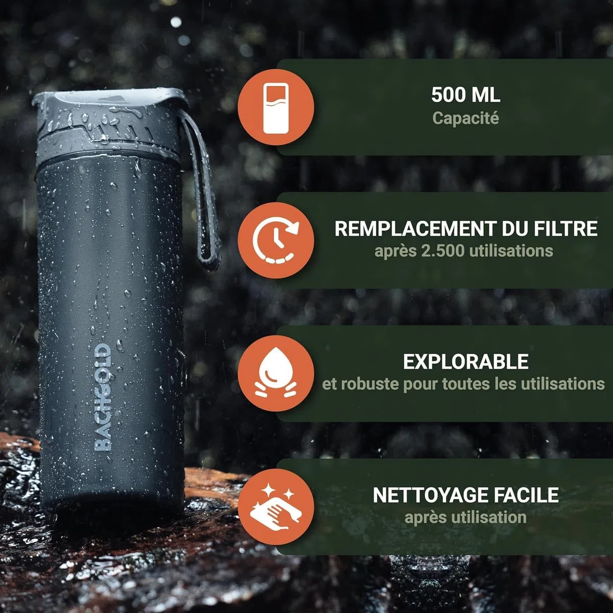 Bachgold Filtre à eau extérieur avec capacité de filtration de 1500l I Élimine 99,99 % des bactéries, filtre microplastiques et chlore I Protection contre les pannes, pour botella de 500ml