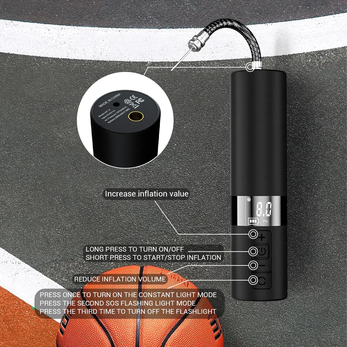 Pompe à Ballon électrique, Pompe électrique MissHome avec Affichage numérique MissHome et manomètre précis, Mini Pompe Intelligente avec Lampe de Poche pour Football, Basket-Ball, Volleyball, Rugby