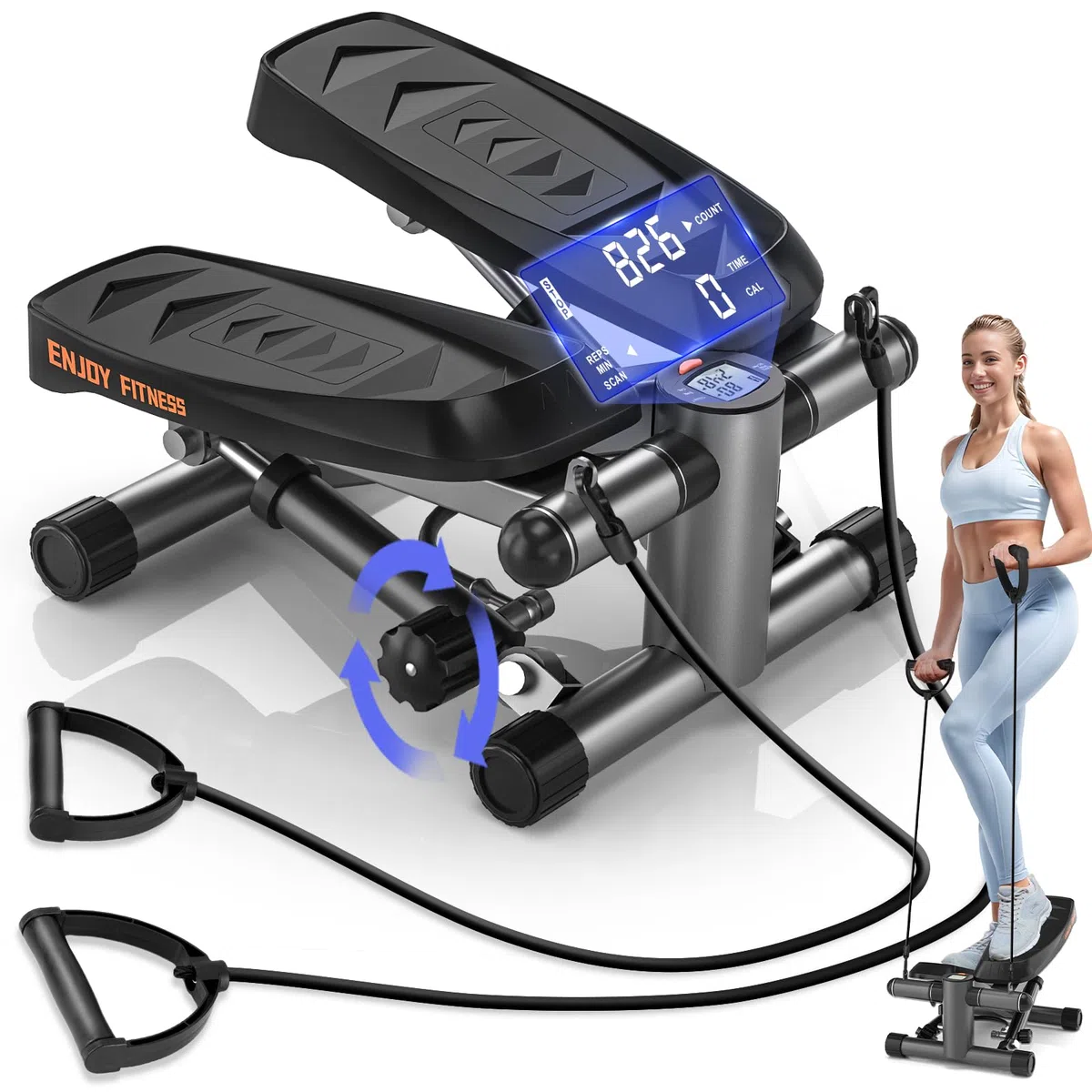 Vannect Stepper 2 en 1 Avec Cordes Élastiques, 16 Niveaux de Résistance, Mini Stepper d'Appartement, Écran Multifonctions, Fitness Pour la Maison, Idéal Pour Jambes, Bras, Fesses, Jusqu'à 150Kg