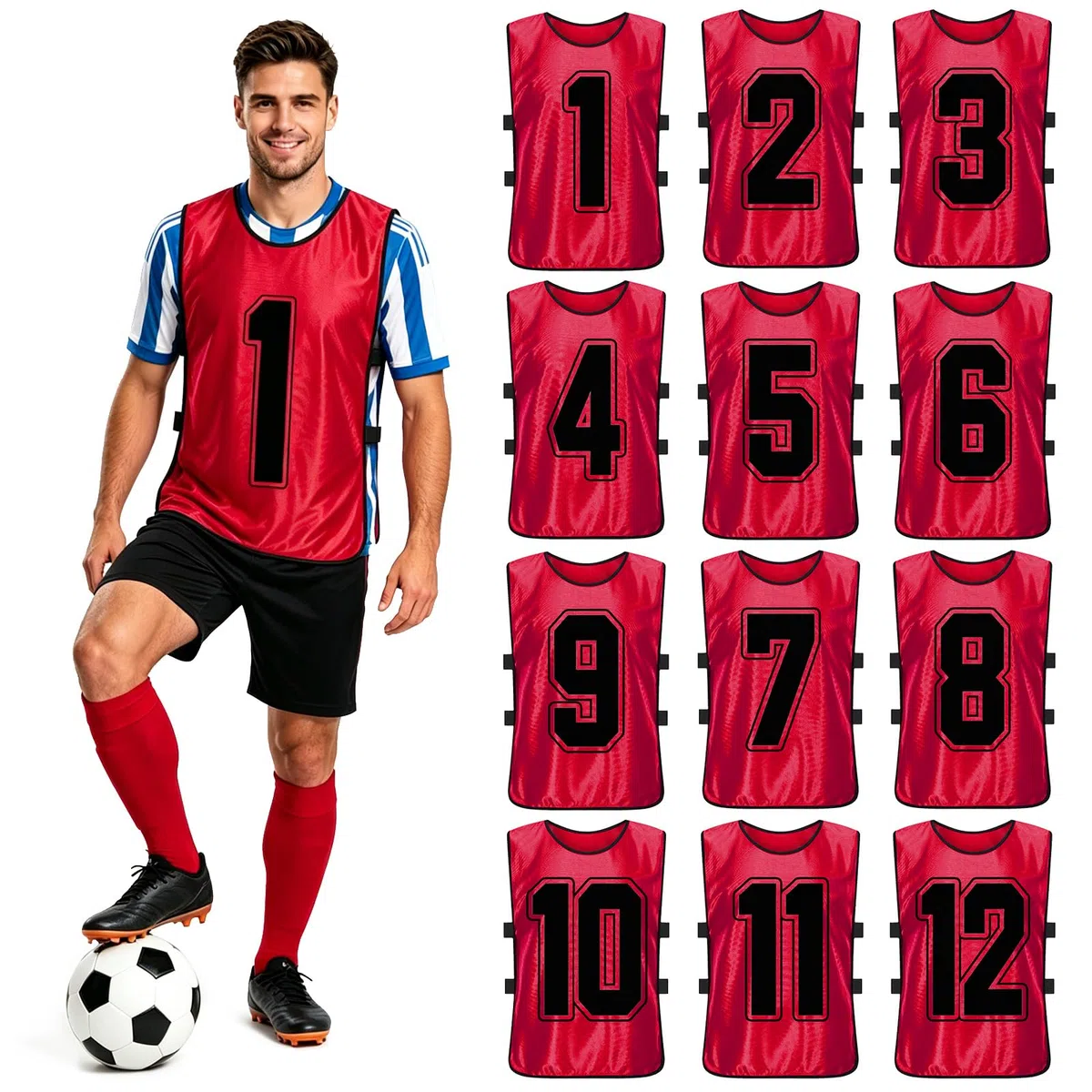 Gilet D'entraînement De Football: Lot De 12 Chasubles D'entraînement Sport, Chasubles De Football Avec Numérotés Pour L'entraînement De Soccer, Footballs, Basketball, Volleyball