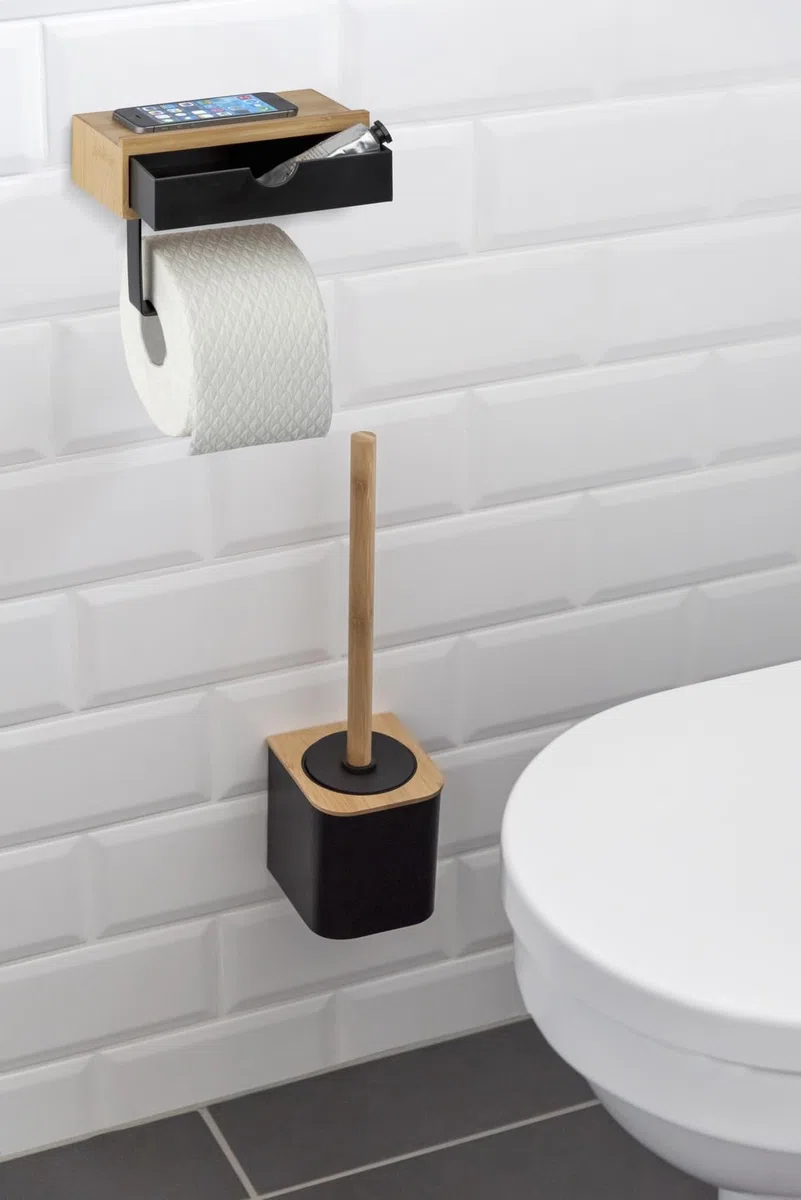 WENKO Porte Papier Toilette en Bois avec Support Smartphone Bambusa | Dérouleur Papier avec tiroir de Rangement | Installation sans perçage | Design Loft | Bambou| 18,5 x 14 x 10,5 cm | Noir et Bois