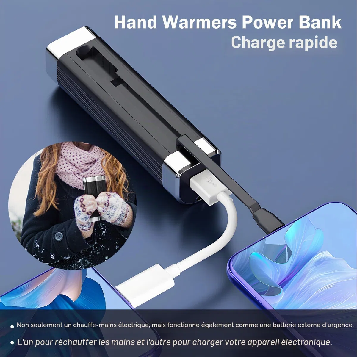 Chauffe-mains rechargeable 10 000 mAh - Chauffe-mains électrique magnétique 3 en 1 - Fonctionne avec piles USB - Avec 3 niveaux de chaleur - Cadeau d'hiver pour femme, homme, famille, camping.