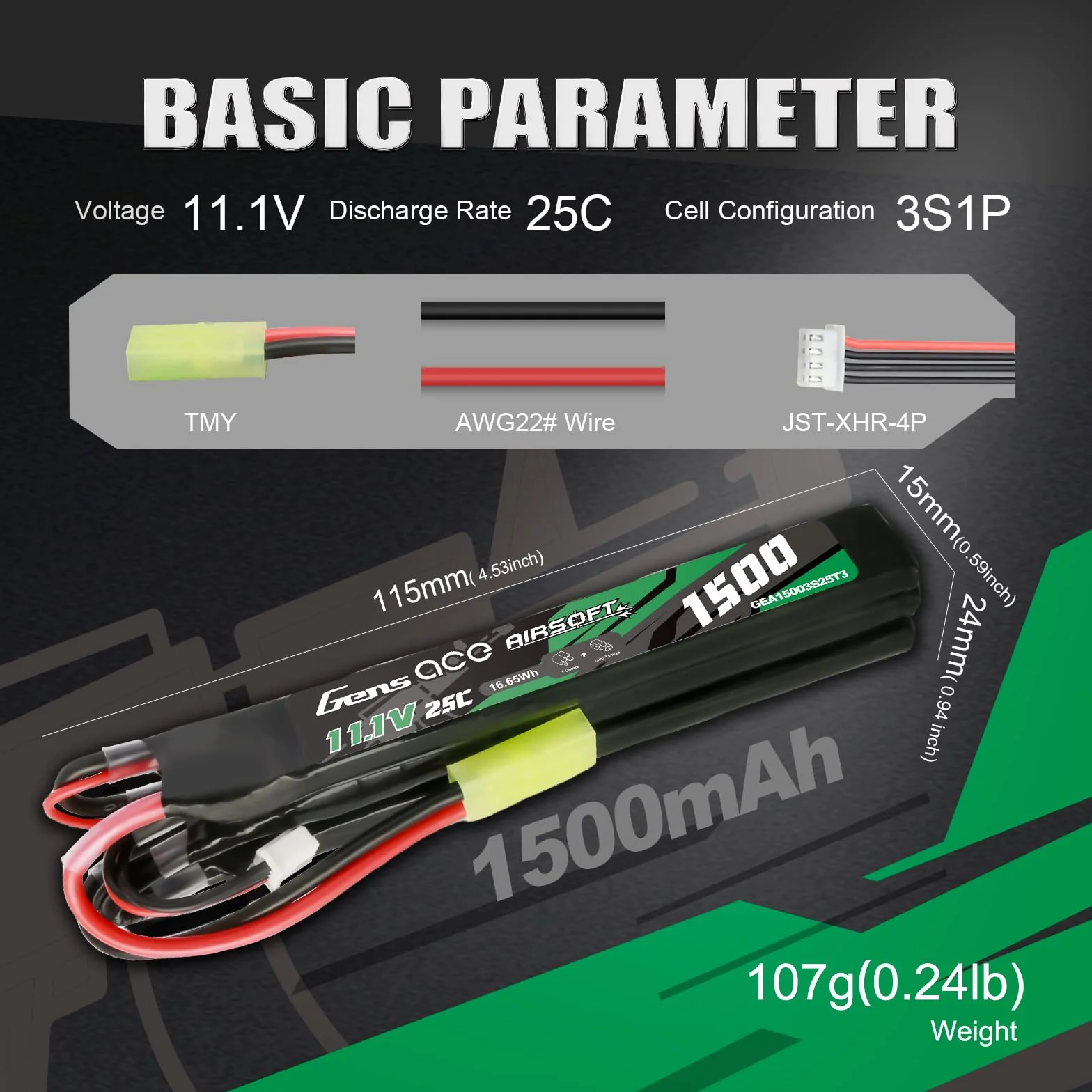 Gens ace 3S Batterie Lipo Airsoft 11,1V 1500mAh 25C 3S1P 3X Nunchuck avec Connecteur TMY, pour Répliques AEG M4 CM16 R15